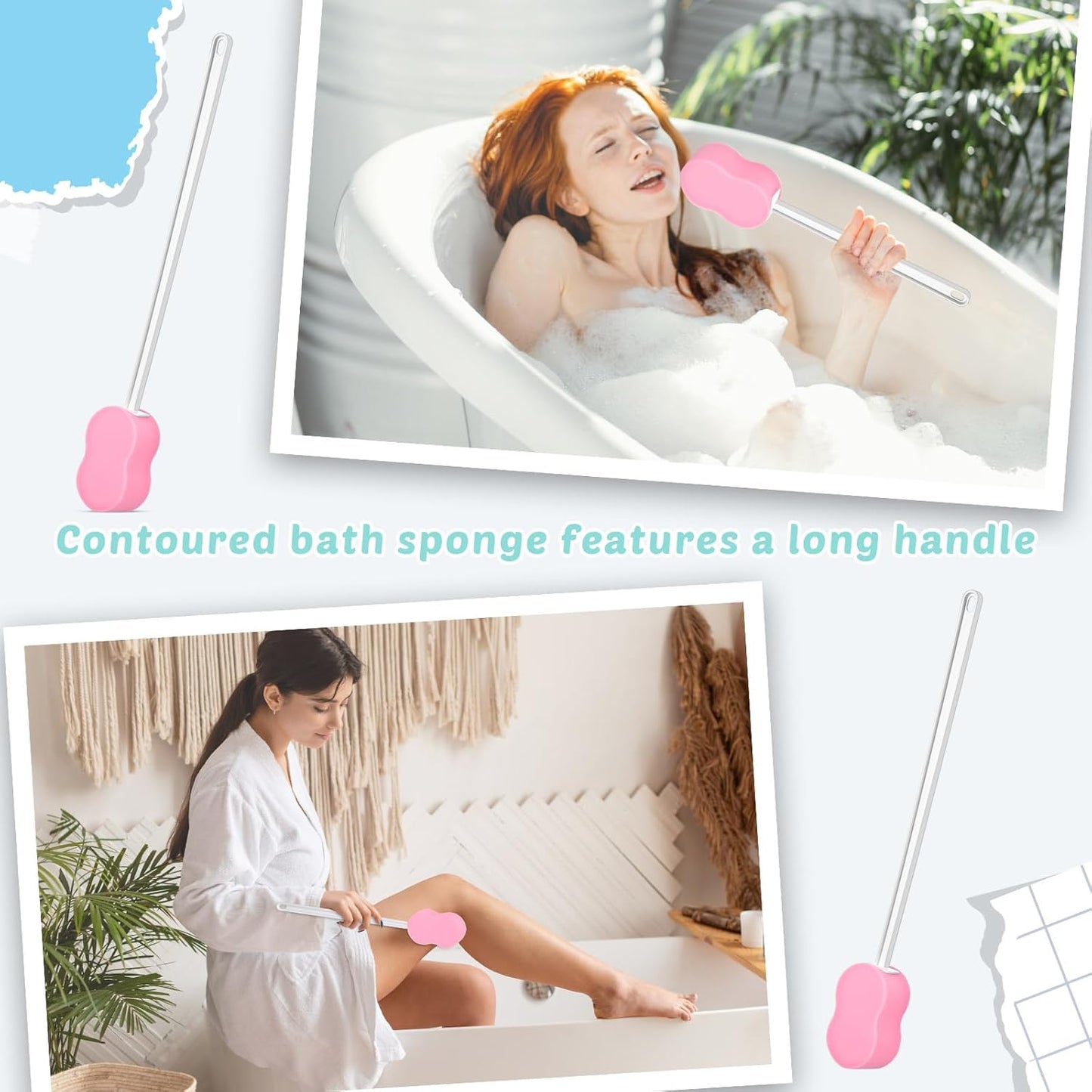 3 Pcs Long Handle Bath Sponge 22.4'' Back Sponge on a Stick Lightweight Back Washer Handled Butt Scrubber Shower Brush for Foot Body Cleaning Bathing Limited Motion(Pink)