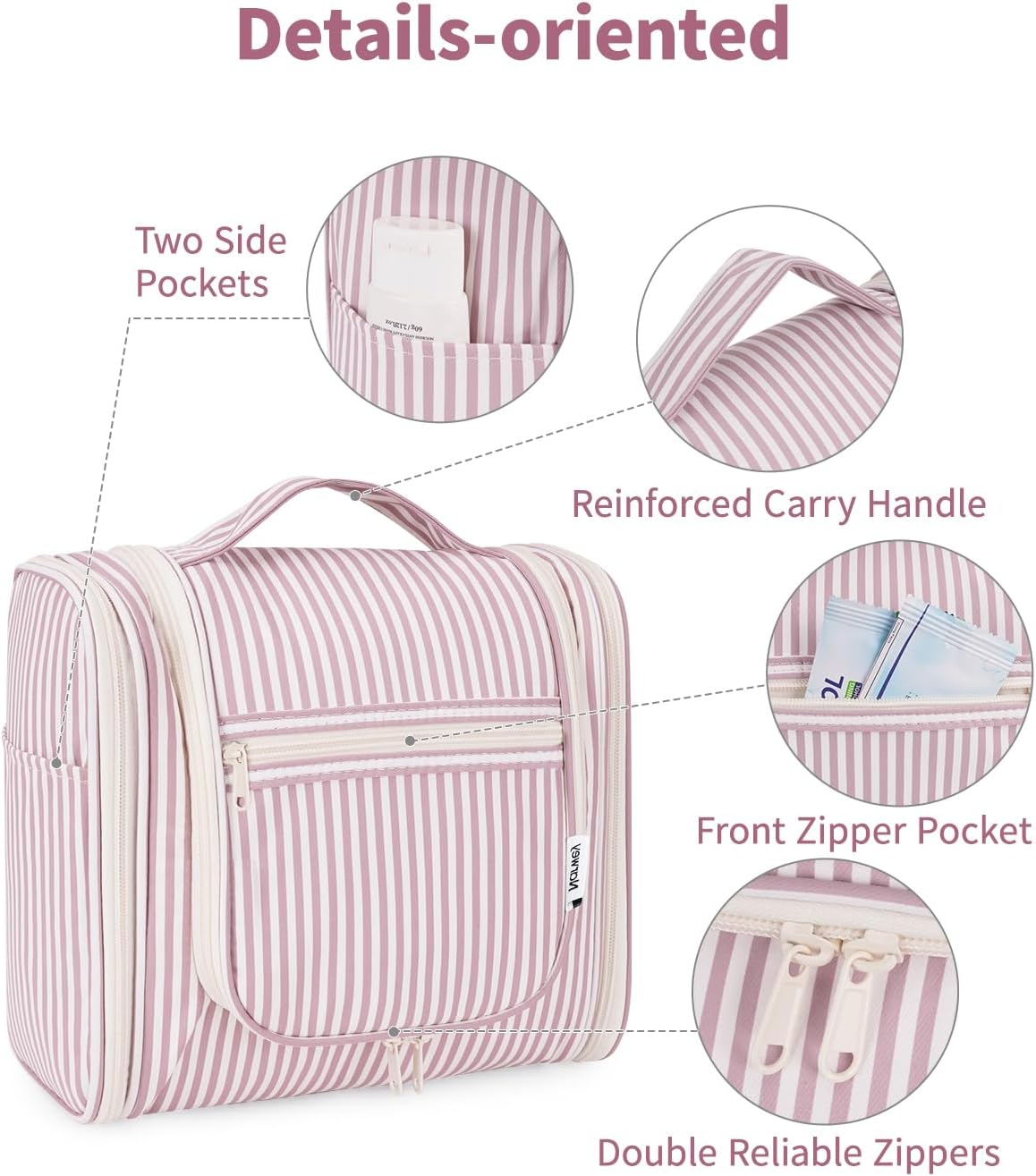 Narwey Striped Hanging Travel Toiletry Bag for Women, Travel Bag for Toiletries, Makeup Bag Organizer Cosmetic Bags Make Up Bags for Women (Dusty Rose Stripe)