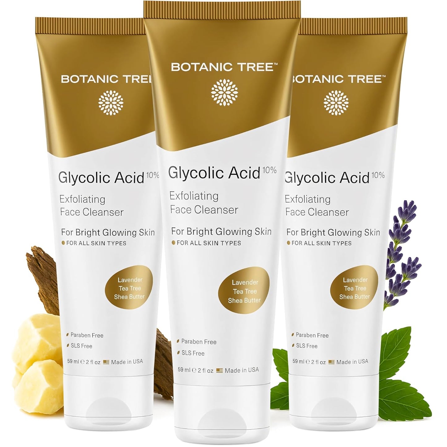 Botanic Tree Glycolic Acid Face Wash Travel Size (Pack of 3)- Facial Exfoliating Cleanser w/ 10% Glycolic Acid- Organic An.