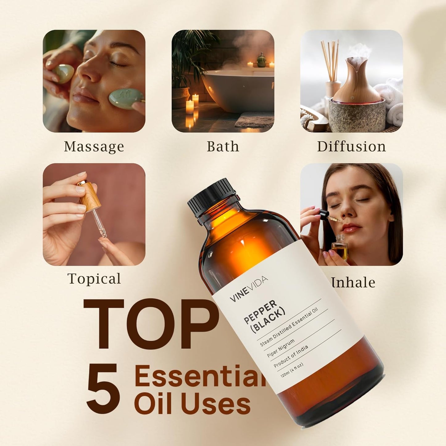 VINEVIDA Black Pepper Essential Oil - Undiluted Black Pepper Oil - Black Pepper Candle Oil Scent - DIY Candle Scents for Candlemaking - Bulk Essential Oil for Soap Making Safe for Skin, 4.0 Fl Oz