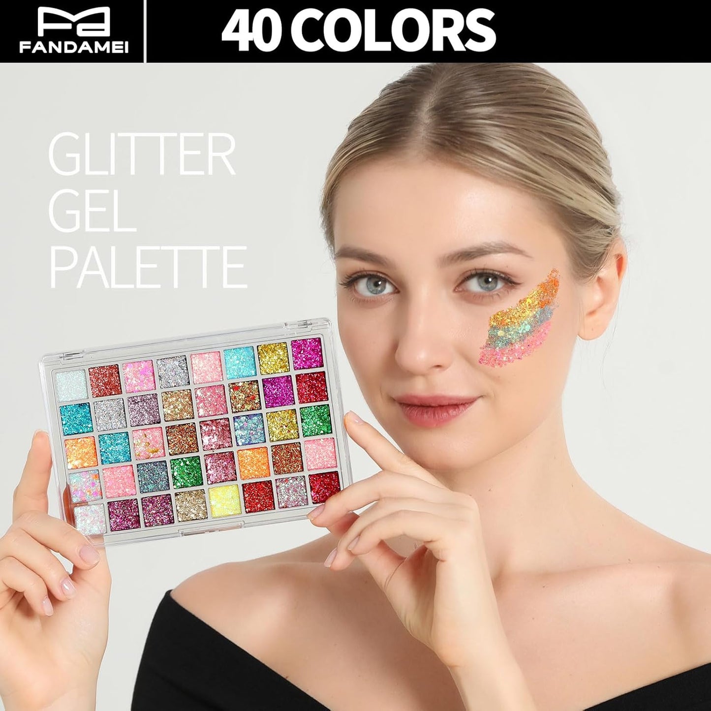 FANDAMEI Face Glitter Face Gems, 40 Colors Glitter Gel Palette with 6 Sheets Self Adhesive Hair Gems, Face Jewels for Women. Face Rhinestones Pearls for Women Kids, Body Hair Glitter