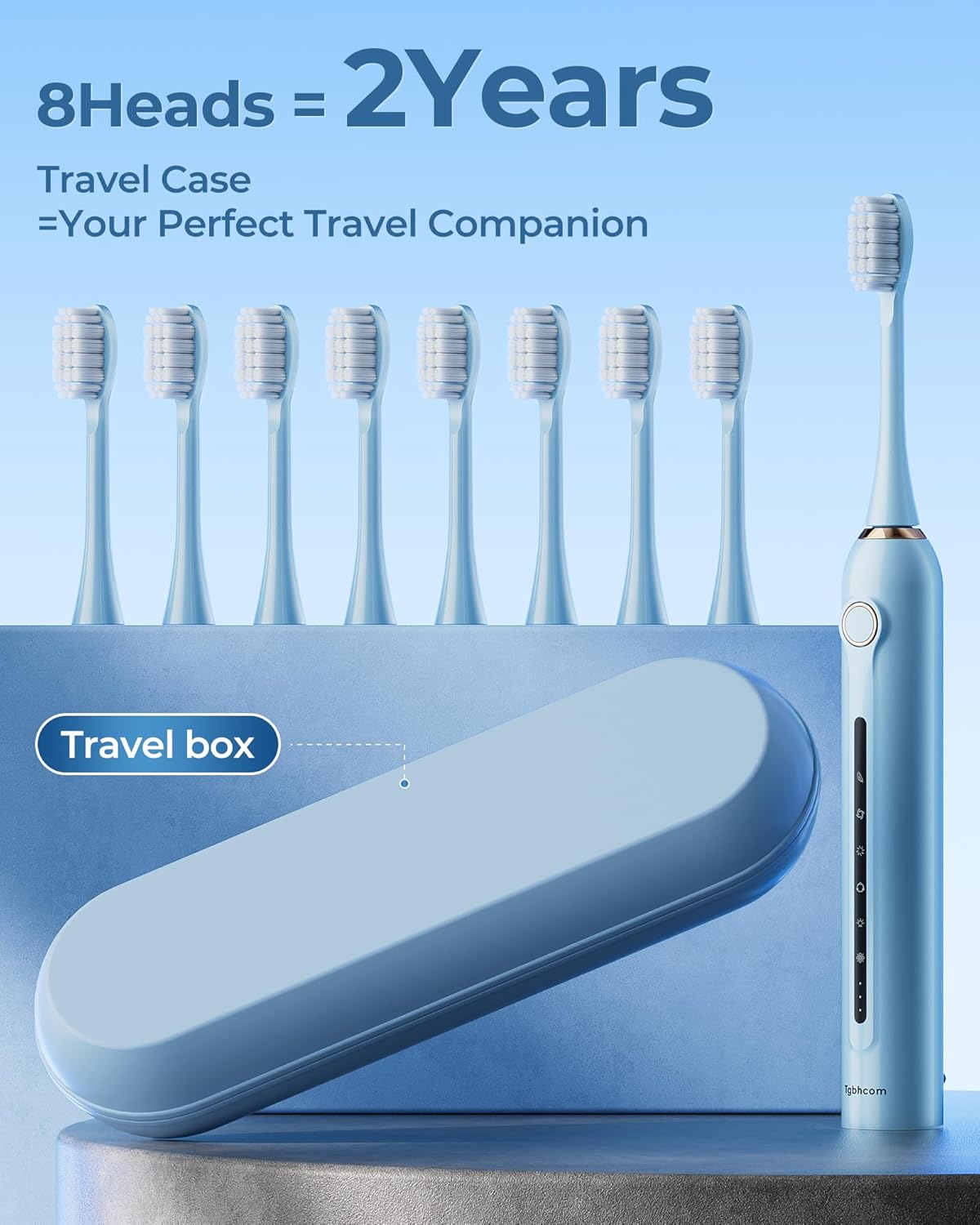 Blue Electric Toothbrushes, with 8 Brush Heads, 1 Travel Toothbrush Case, for Adults and Kid Electric Toothbrush, Long 180-Day Battery Life, 6 Modes, IPX7 Waterproof, Smart 2-Minute Timer.