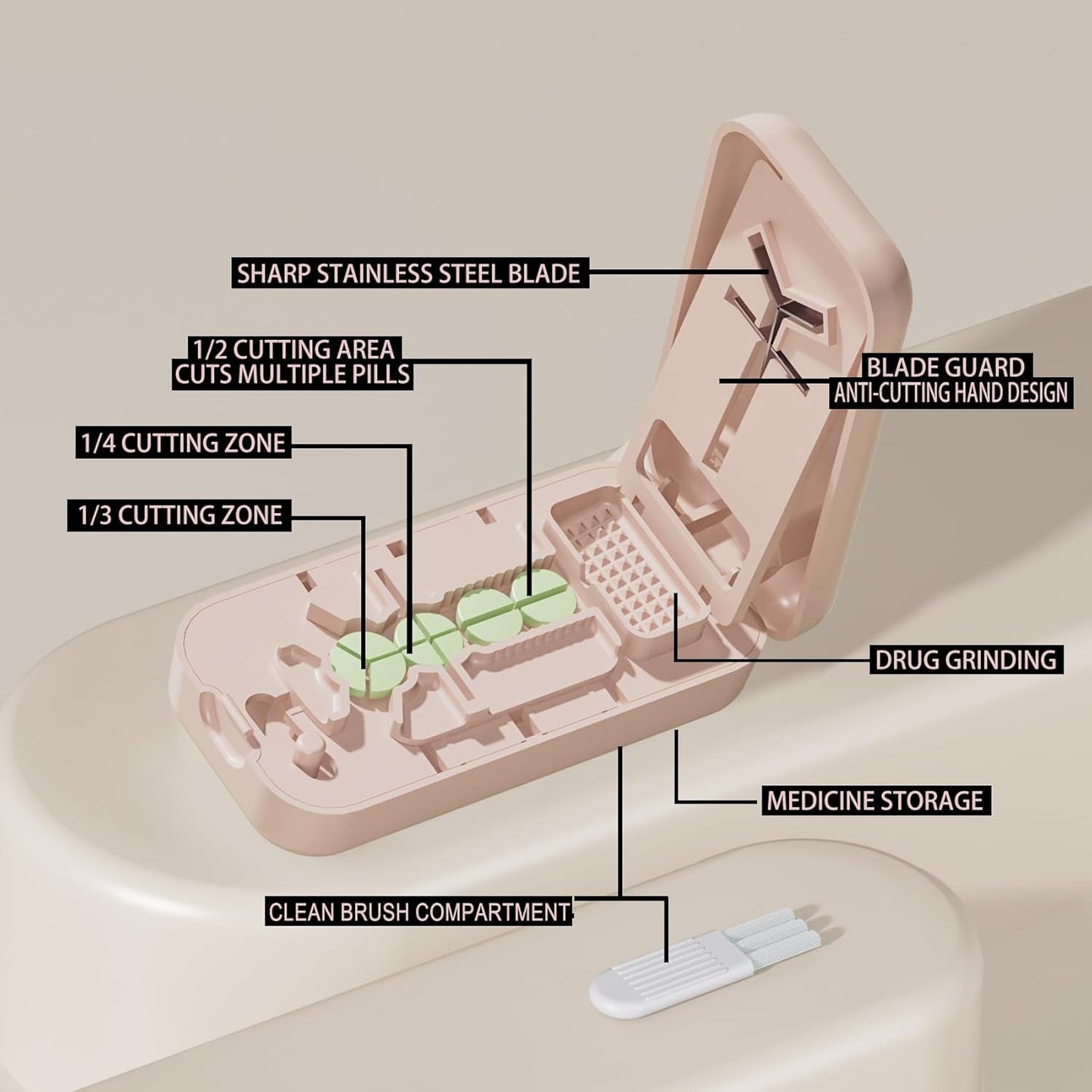 Precision Pill Cutter with Centering Guide - Multi-Angle Tablet Splitter for 1/2, 1/3 & 1/4 Cuts, Includes Pill Crusher & Storage Compartment (Pink)