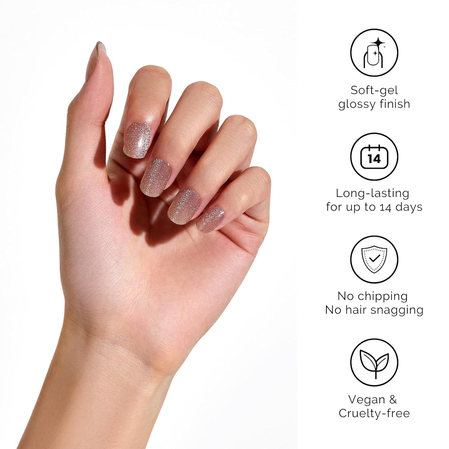 NAILOG Semi Cured Gel Nail Strips - 34 pcs | Buy 2 Get 1 UV Lamp | Long Lasting Nail Polish Sticker Wraps with Glossy Gel Finish, Nude Gleam