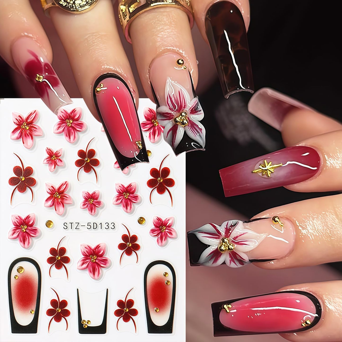 Flowers Nail Art Stickers Decals 5D Embossed Self-Adhesive Summer Flowers Nail Stickers French Tip Design Nail Decals Spring and Summer Flower Sticker for Women DIY Manicure Decoration Supplies