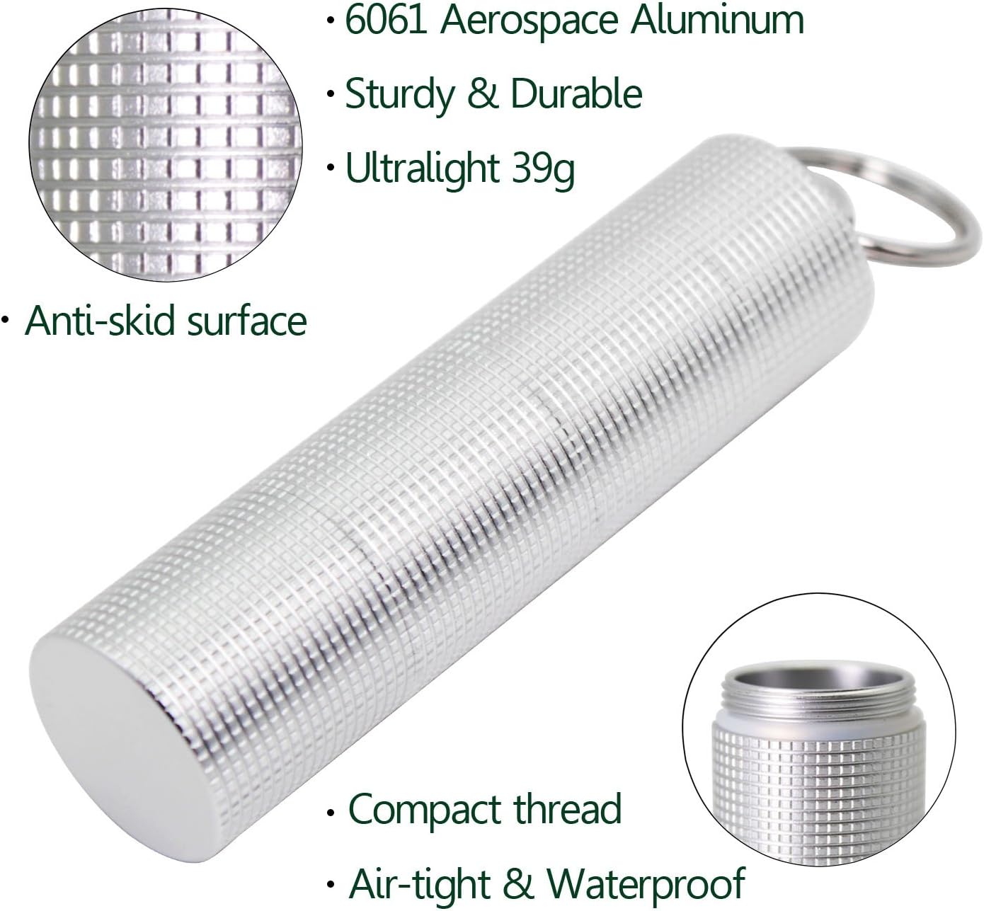 PPFISH Portable Daily Pill Case, 3 Compartments Anti-Skid Aluminum Alloy Waterproof Pill Box Dispenser, Small Pocket Pill Container, Keychain Pill Fob, Travel Pill Holder for Men Women