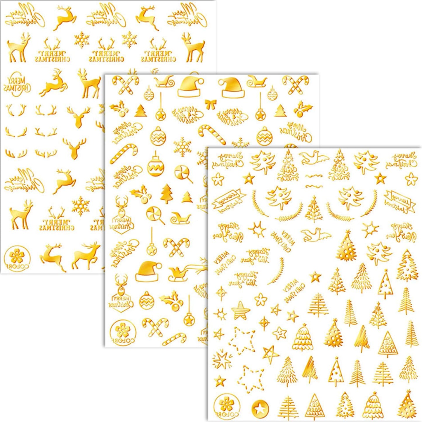 HNUIX Nail Stickers - 3D Christmas, Self Adhesive Nail Decals, Multi Pattern, Gold, 9 Sheets, for Nail Art