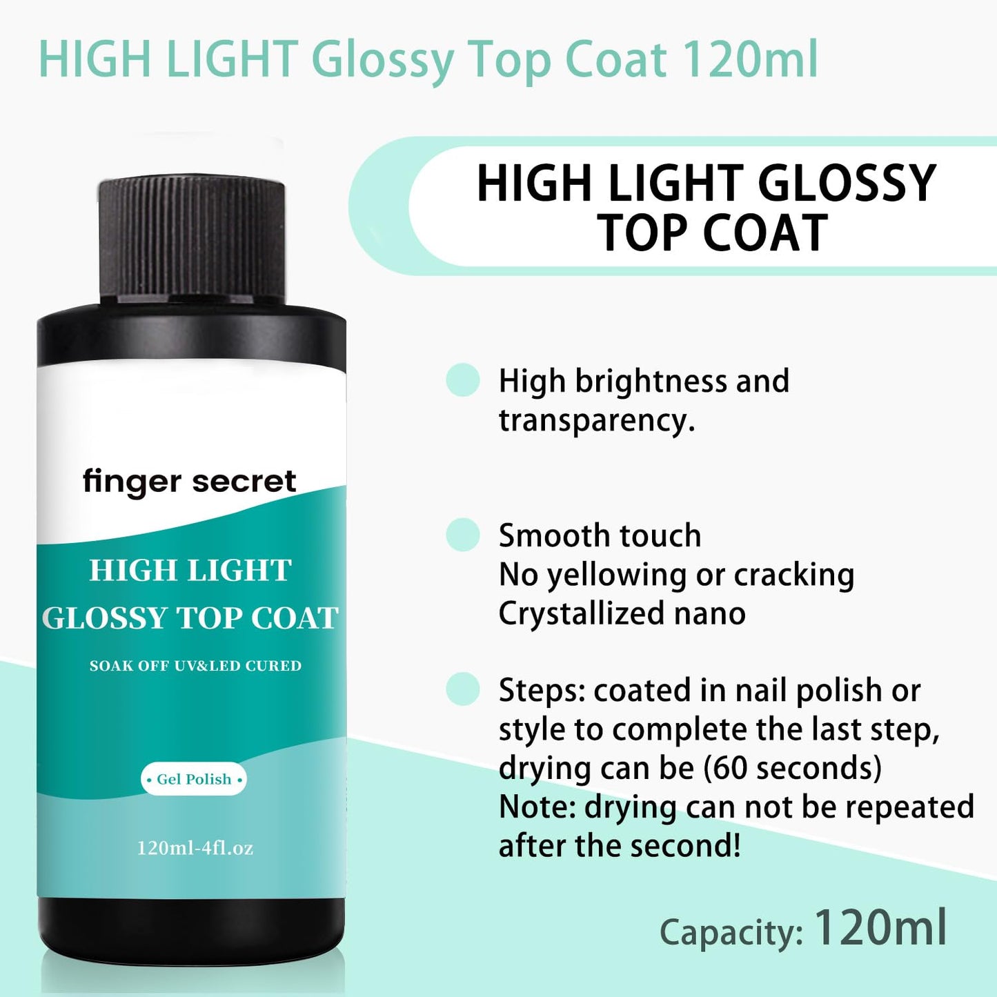 120ml/4fl.oz High Light Glossy Top Coat,Gel Top Coat, Gel Polish Nail Polish for Nail Art Manicure DIY