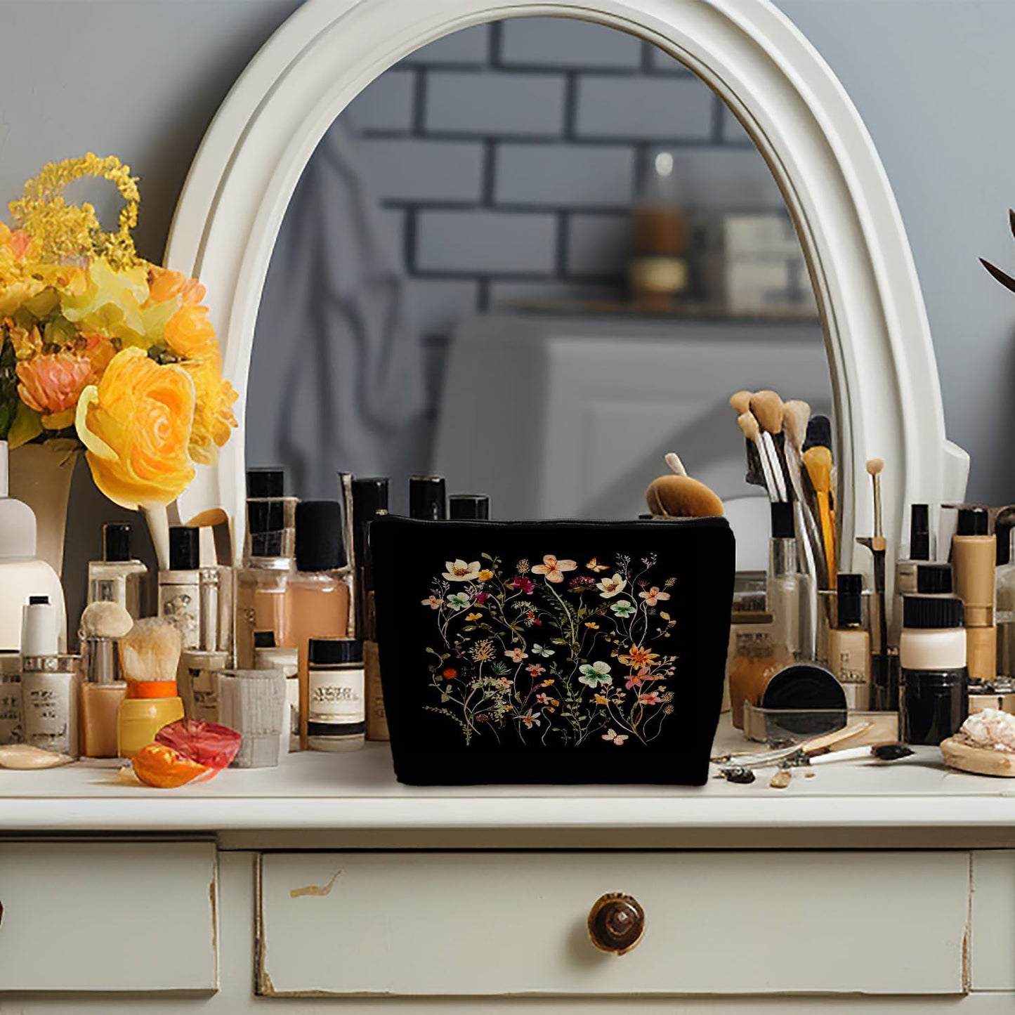 Black Floral Makeup Bag - Small Flower Zipper Cosmetic Bag for Women & Girls