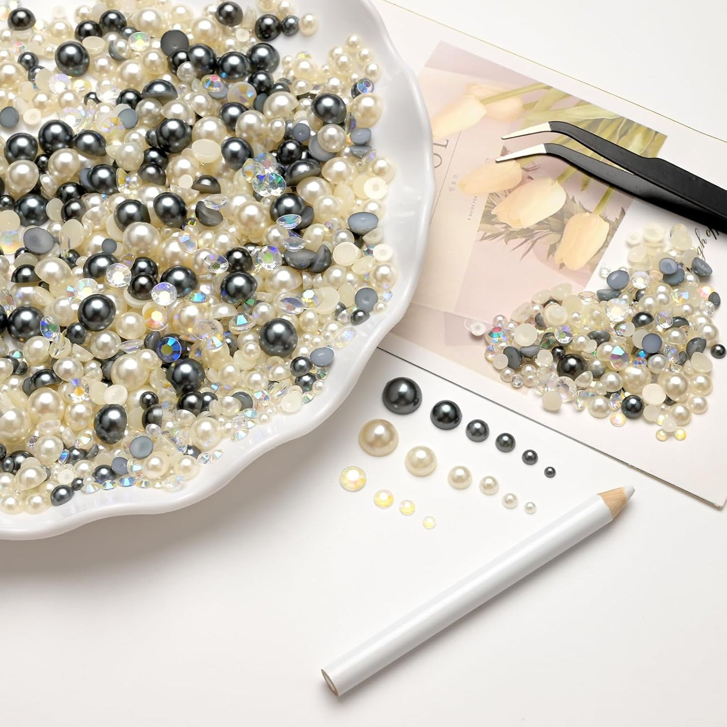 80g Mix Flatback Pearls and Rhinestones for Crafts Silver Gray White Mixed Size 2mm-10mm Half Round Pearls Rhinestones for Nail Art Tumblers Shoes DIY Bedazzling with Tweezers Wax Pen