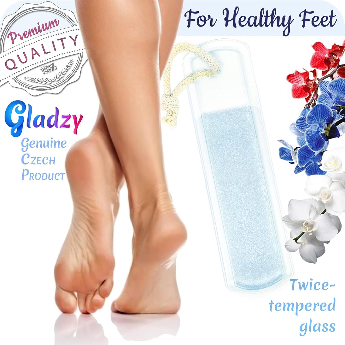 Genuine Czech Glass Foot File - Two-Sided Different Grit Surface, Gentle Callus Remover, Pedicure & Spa Rough Skin Scrubber, Professional Toenail and Heels Care, EU Quality, Large Size