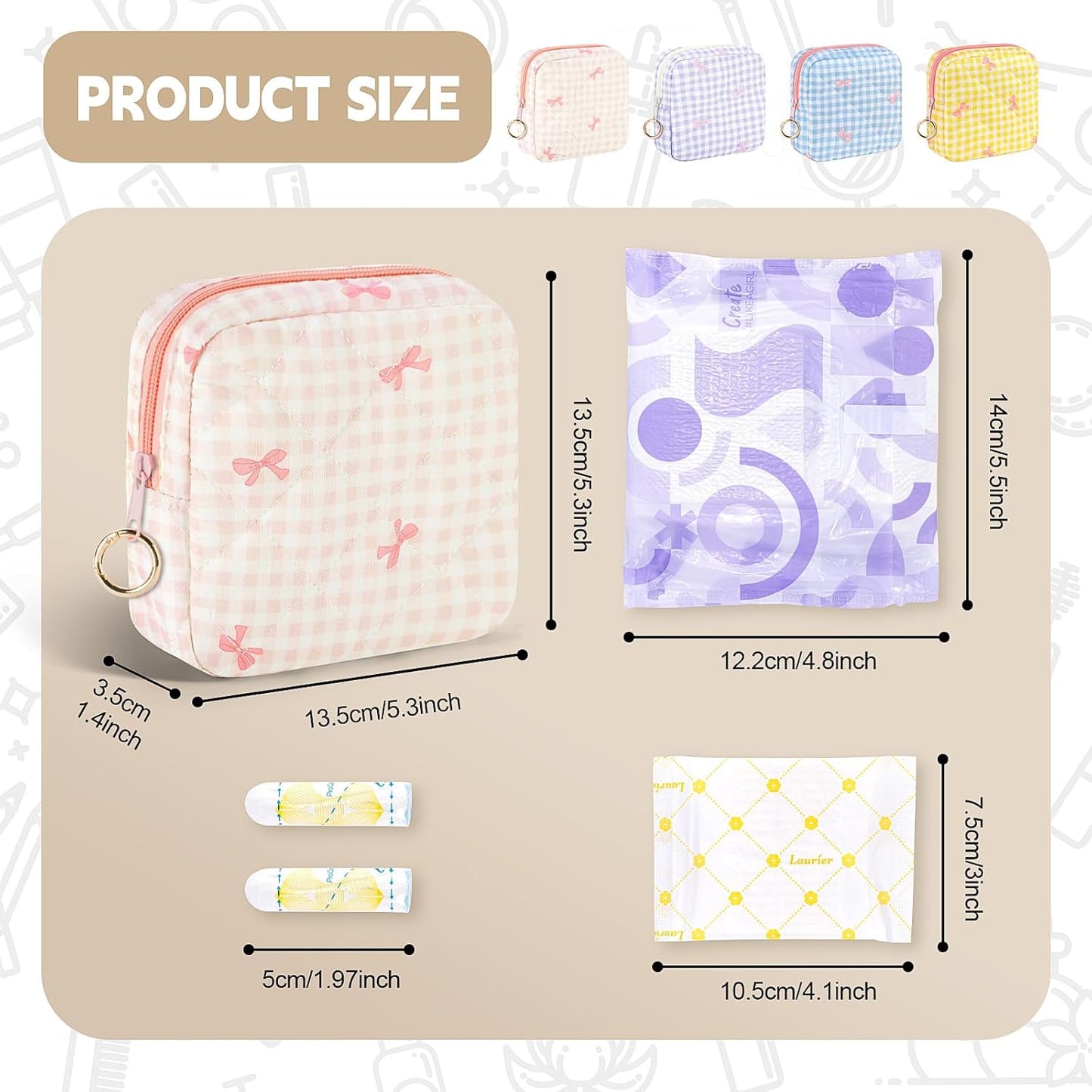 Period Bag for Teen Girls, Quilted Sanitary Napkin Storage Bag, Cute Bow Tie Menstrual Pad Pouch Tampon Holder (Plaid Yellow)
