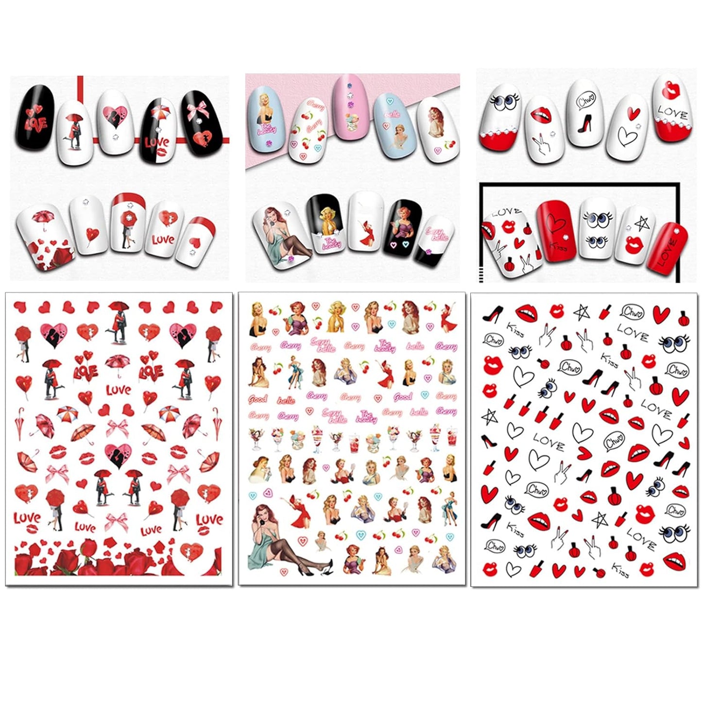 TailaiMei 12 Sheets Valentine's Day Nail Stickers, Self-Adhesive DIY Nail Art Decals, Design for kiss Love Hug (982 Pcs)