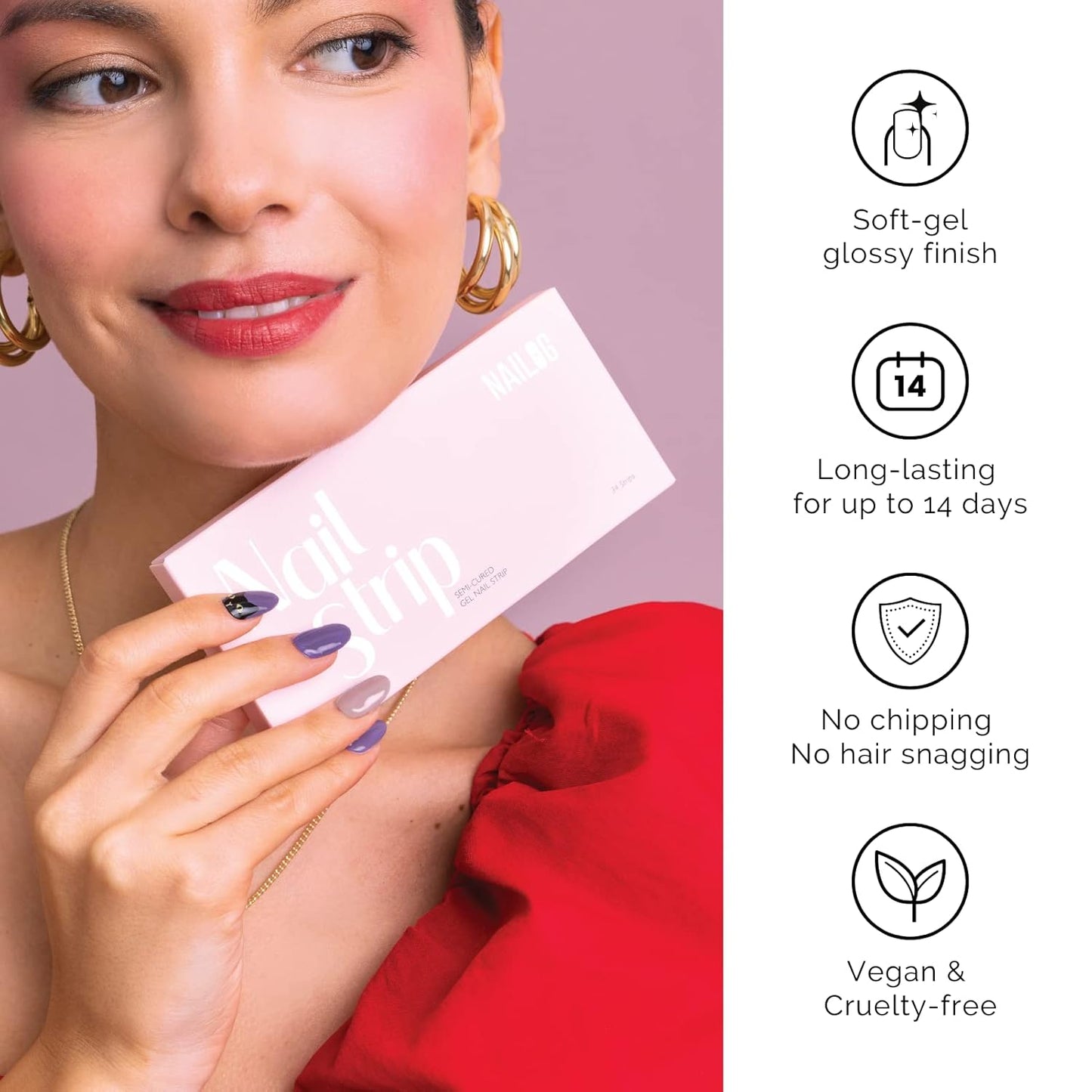 Nailog Semi Cured Gel Nail Strips 34 pcs | Long Lasting Nail Polish Sticker Wraps with Glossy Gel Finish (Black Cat)