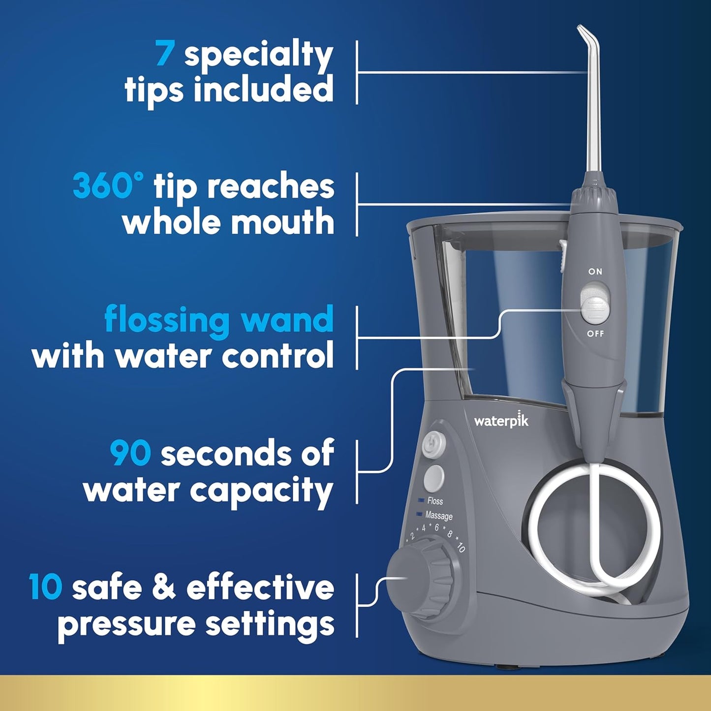 Waterpik Aquarius Water Flosser For Teeth Cleaning, Gums, Braces, Dental Care, Electric Power With 10 Settings, 7 Tips For Multiple Users And Needs, ADA Accepted, Gray WP-667, Packaging May Vary