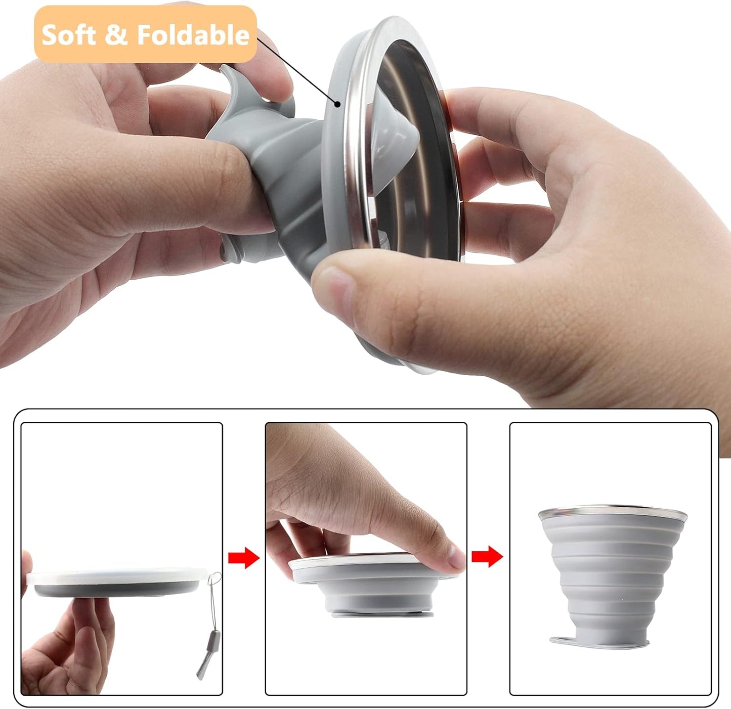 Litoexpe 2 Pack Silicone Collapsible Travel Cup Portable Folding Camping Cup Sets with Lids, Grey & Blue