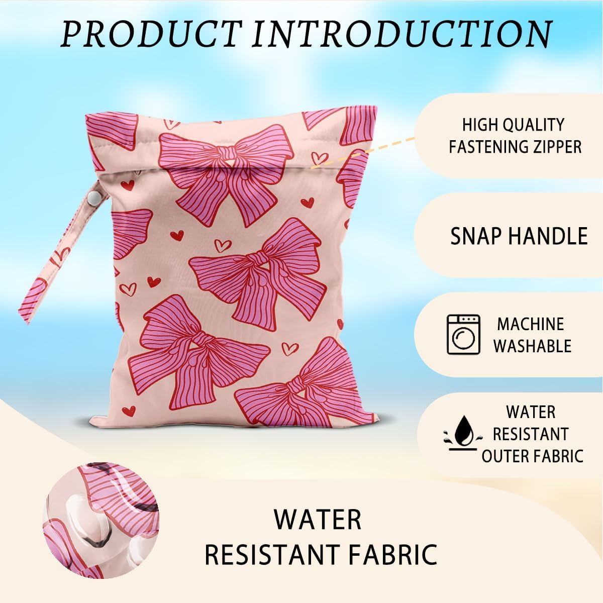 Pink Bow Wet Bags 12x10 Inch, Heart Waterproof Reusable Wet Dry Bags, Bow Tie Washable Travel Laundry Bag for Swimsuit Pool Beach Diapers Dirty Yoga Gym Clothes, Pink Gifts for Women Friend Travelers