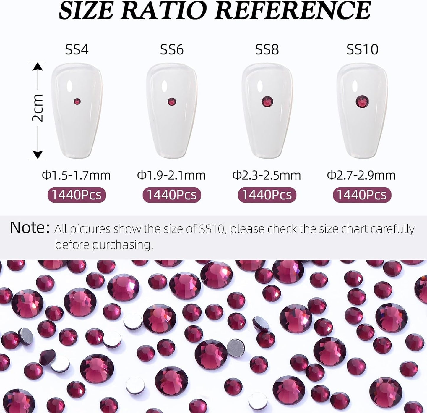 Purple Flatback Rhinestones, Glass Rhinestones for Nail Art and Craft, Glue Fix, Loose Crystal Gemstones(Purple, SS4, 1440pcs, 1.5-1.7mm)