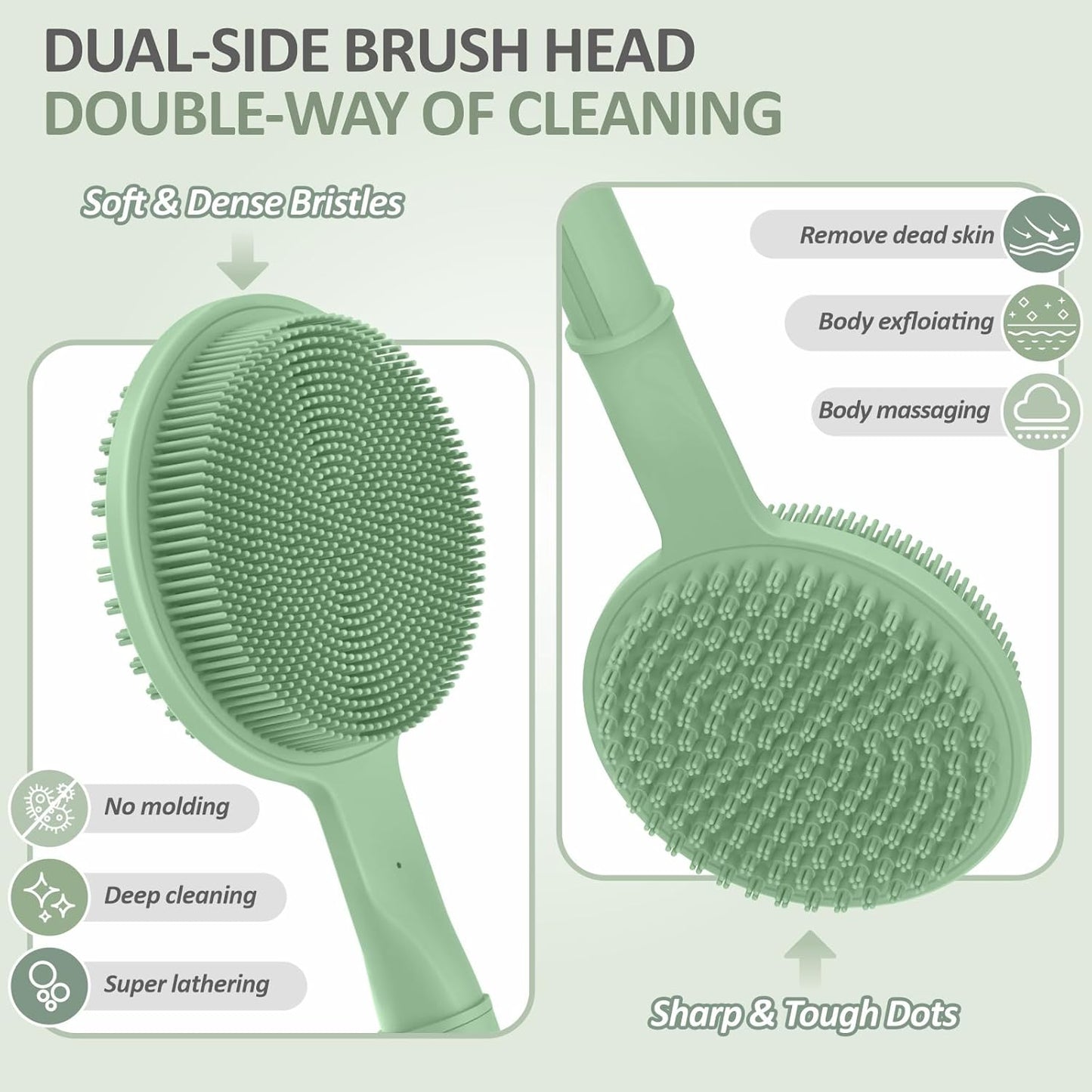 Adjustable Silicone Back Scrubber for Shower, 16''- 24'' Extendable Shower Back Scrubber for Rich Foam, 5-Length Back Brush Bath Brush with Dual-Side Head and Super-Lathering Bristles(Green)