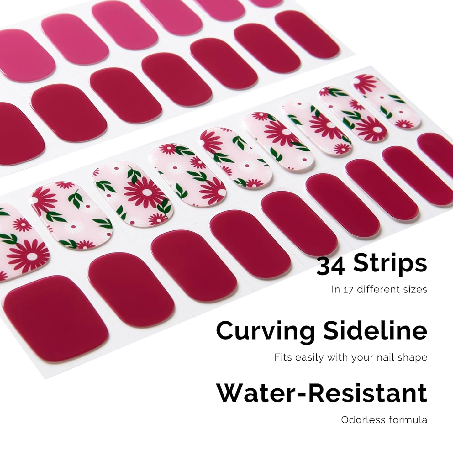 Semi Cured Gel Nail Strips - NAILOG 34 Pcs Floral Nail Stickers Long Wraps with Glossy Gel Finishing for Autumn, in The Meadow