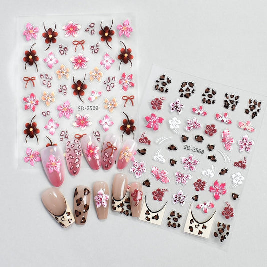 Fall Flowers Nail Art Stickers, Maillard Leopard Lily Nail Decals 3D Embossed with Sweet Cool Spicy Girl Style Design 8Pcs Nail Art Supplies for Women Nail Decoration