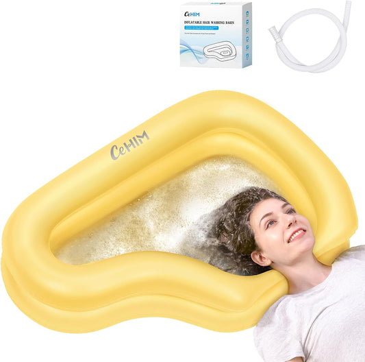 Portable Inflatable Shampoo Basin for Bedridden & Elderly - Zero Pooling Design | Fast-Drain Slope & Neck Support | Portable Hair Wash Bowl, Drain Hose | Hospital PVC | Home Use (Yellow, Large)