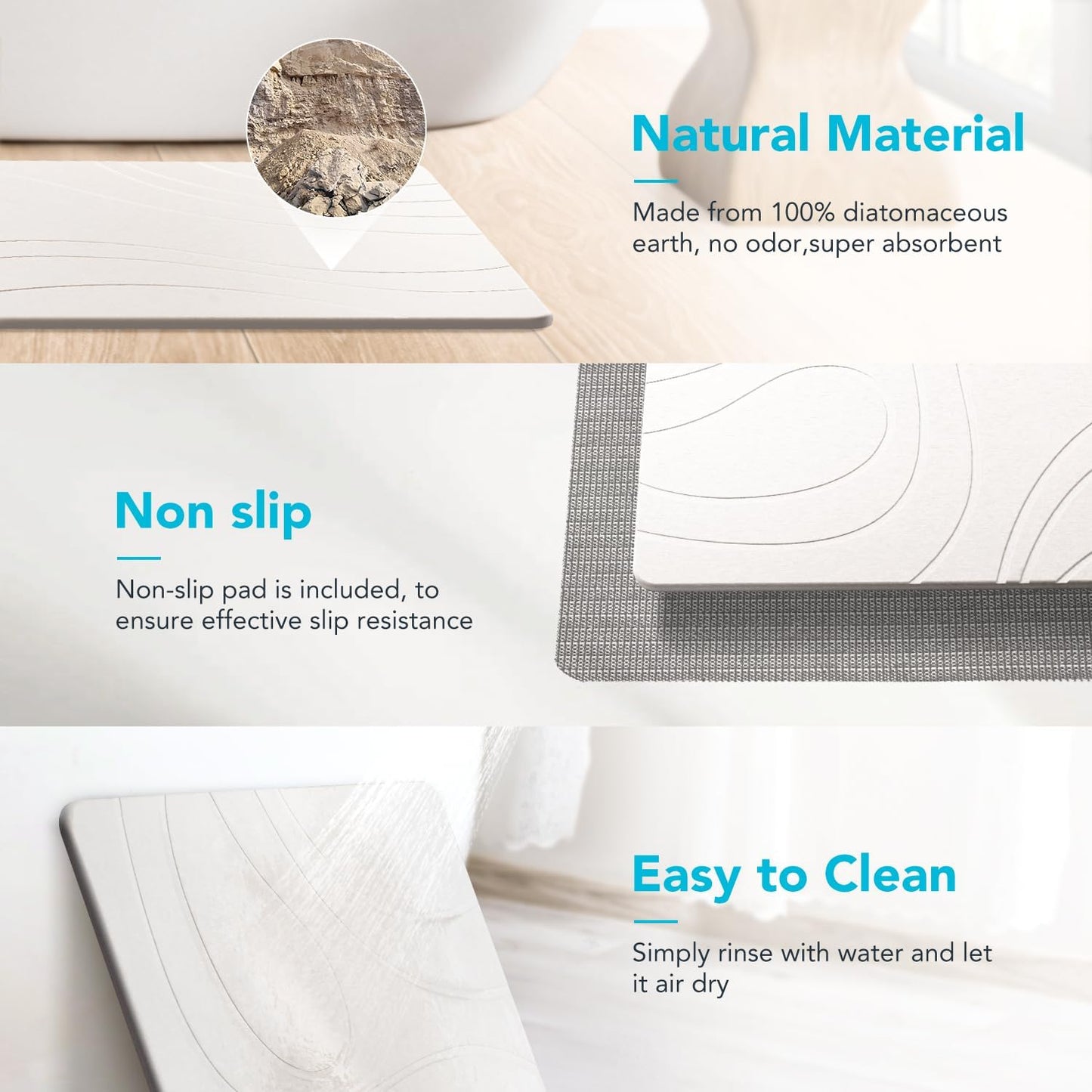 Stone Bath Mat for Bathroom, Quick Dry Diatomaceous Earth Stone Drying Bath Mat, Magic Non Slip Bathroom Shower Floor Mat Modernized Water Absorbing Diatomite White