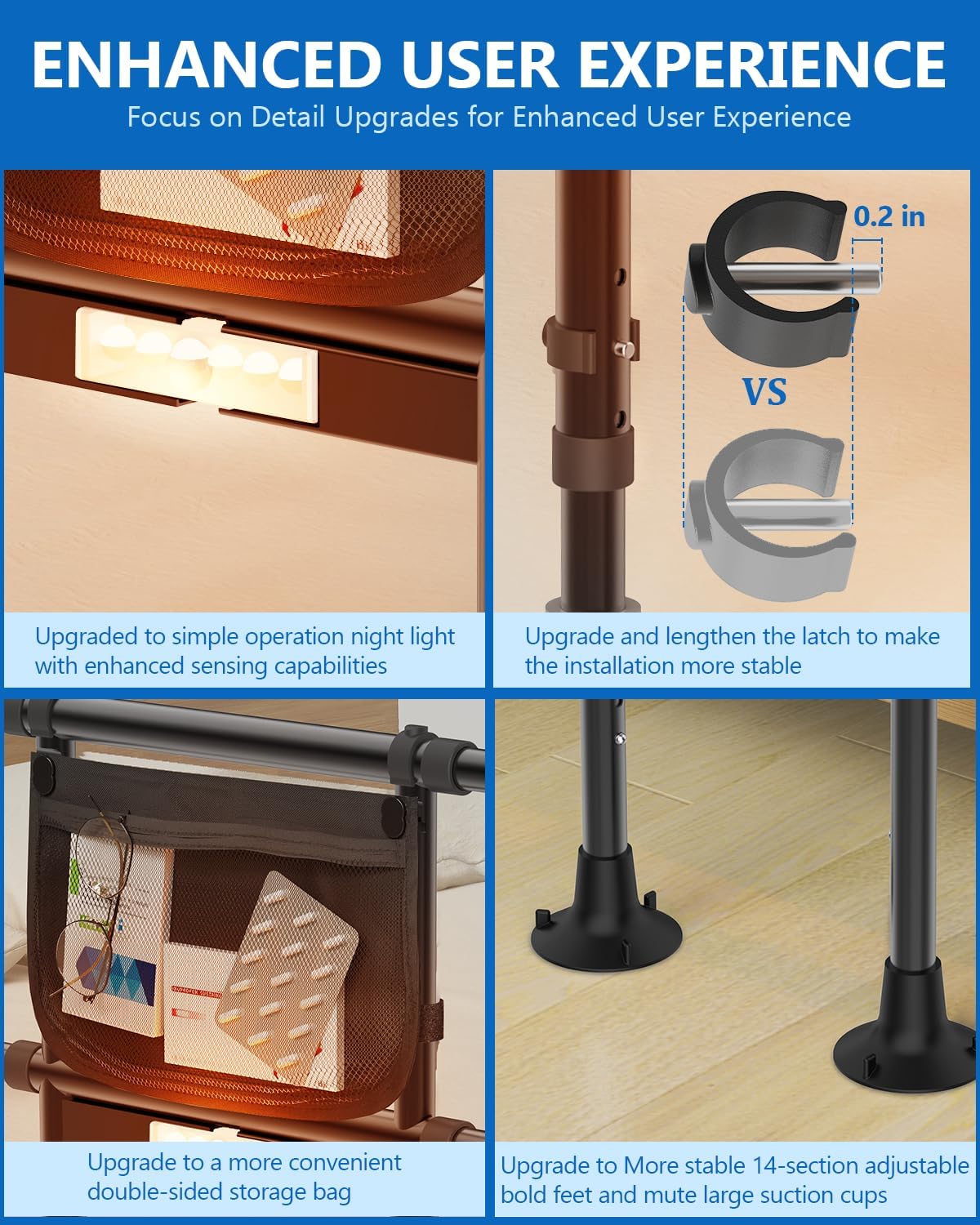 Bed Rails for Elderly Adults Seniors Adjustable Height Foldable Safety Rail with 400 Lbs Capacity Non-Slip Handle, Night Light, Fall Prevention Grab Bar for King Queen Full Twin Beds Black