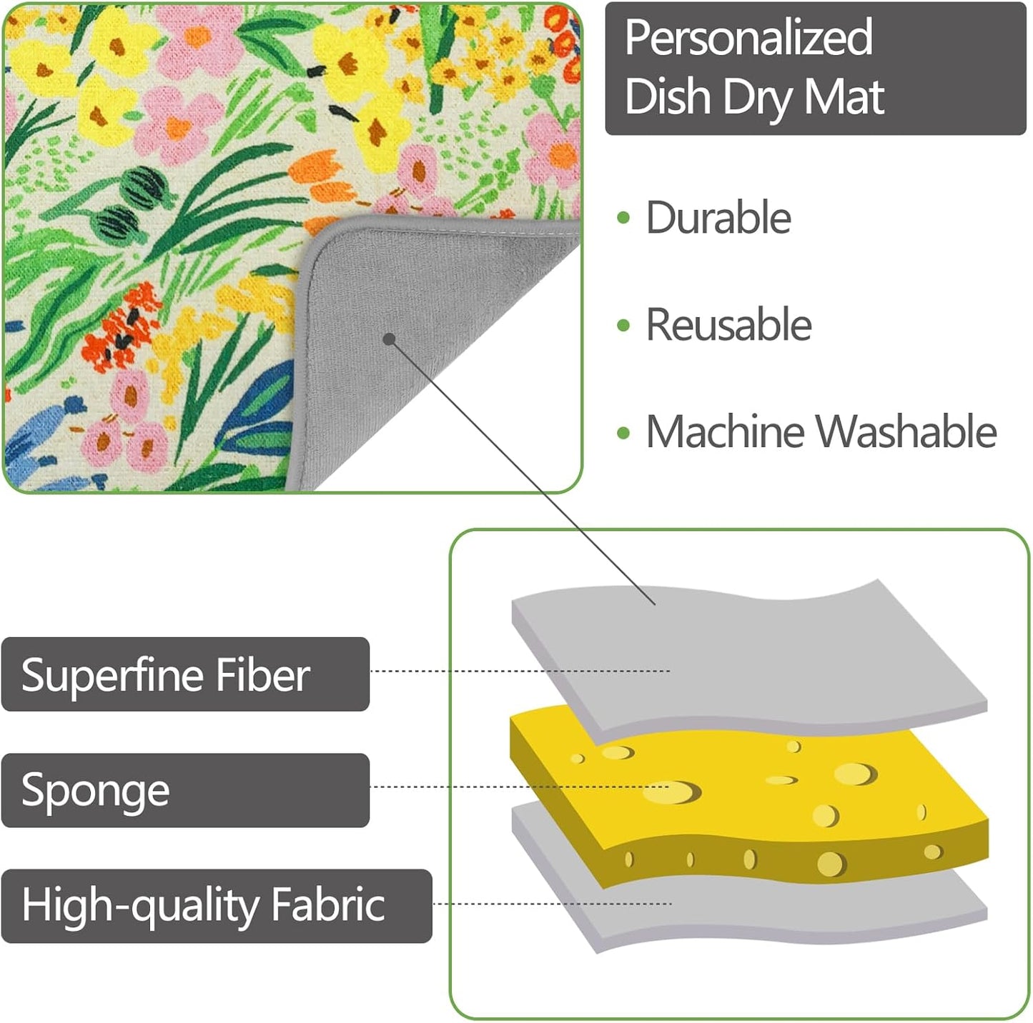 SHIYUE Dish Drying Mat for Kitchen Counter Super Absorbent Spring Kitchen Decor Microfiber Drying Matainers Rack Fast Pad Dish Drainer Mats(Cute Colorful Flowers,18''x24'')