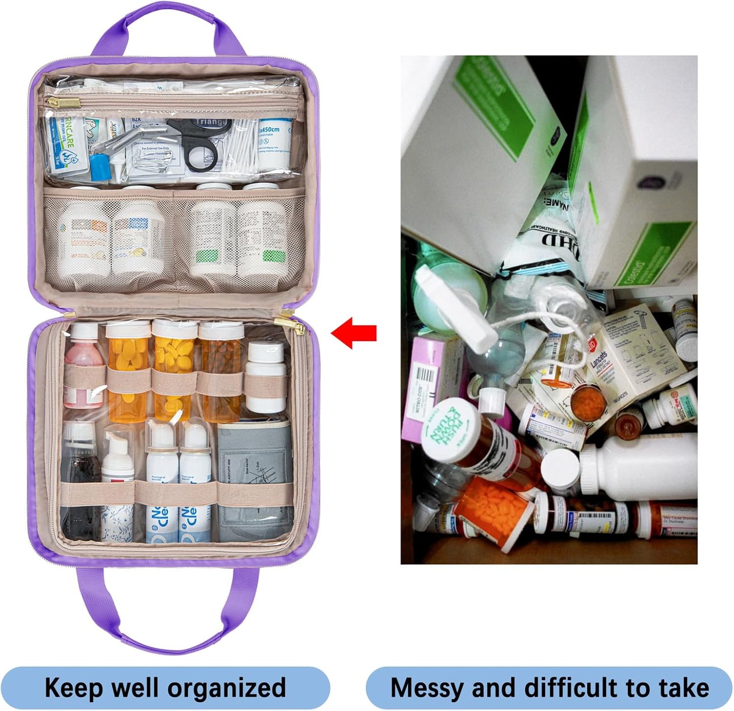 Leudes Travel Pill Bottle Organizer,Medicine Organizer and Storage,Home Medication Bag, Cases,Carrier for Pills,Vitamin,Fish Oil,Supplements for Women and Men (Large, Purple)