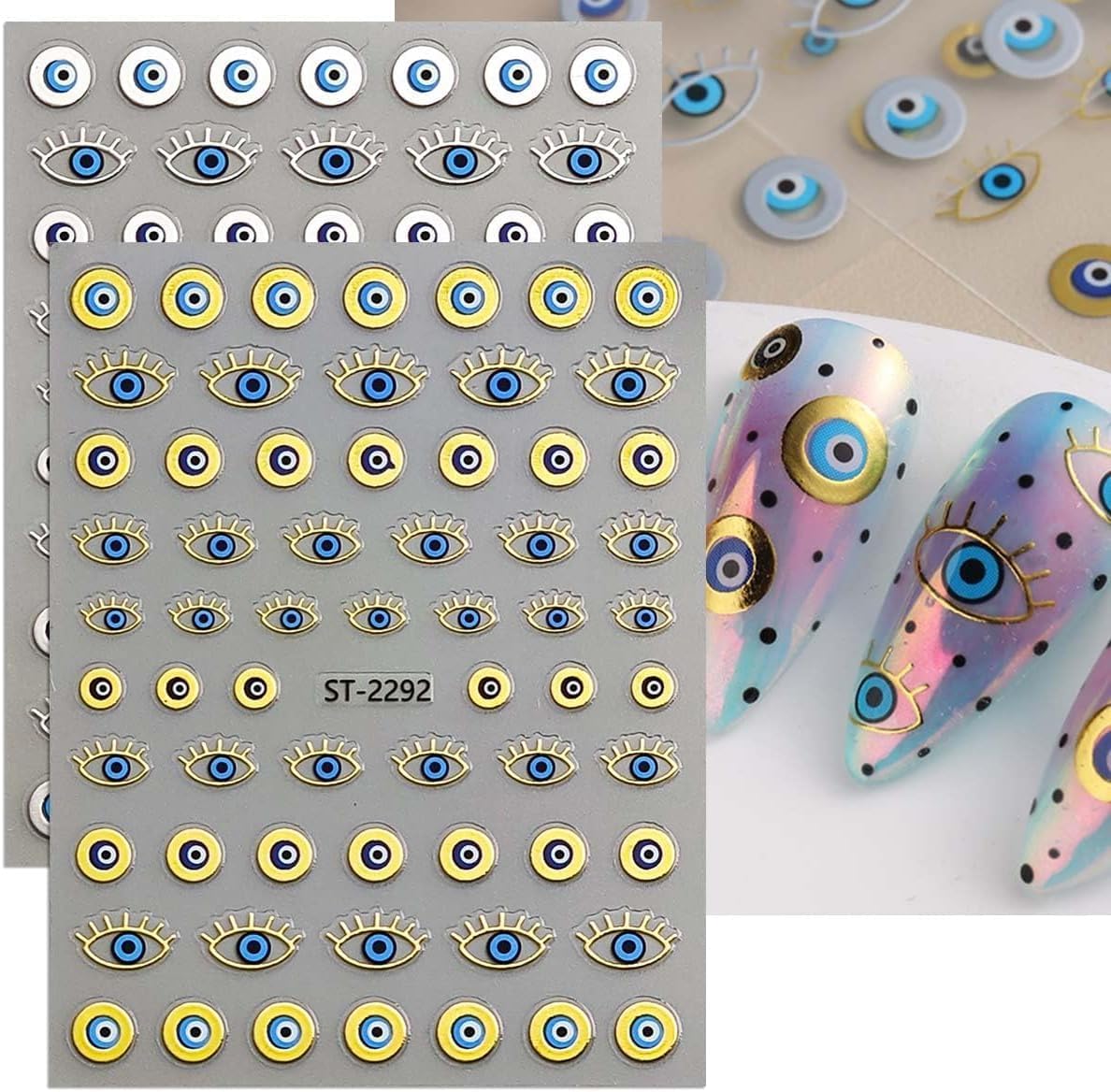 12 Sheets Gold Eye Nails Stickers Decals Star Sun Design Nails Art Stickers 3D Self-Adhesive Snake Moon Nail Art Decals for Women DIY Nail Decorations