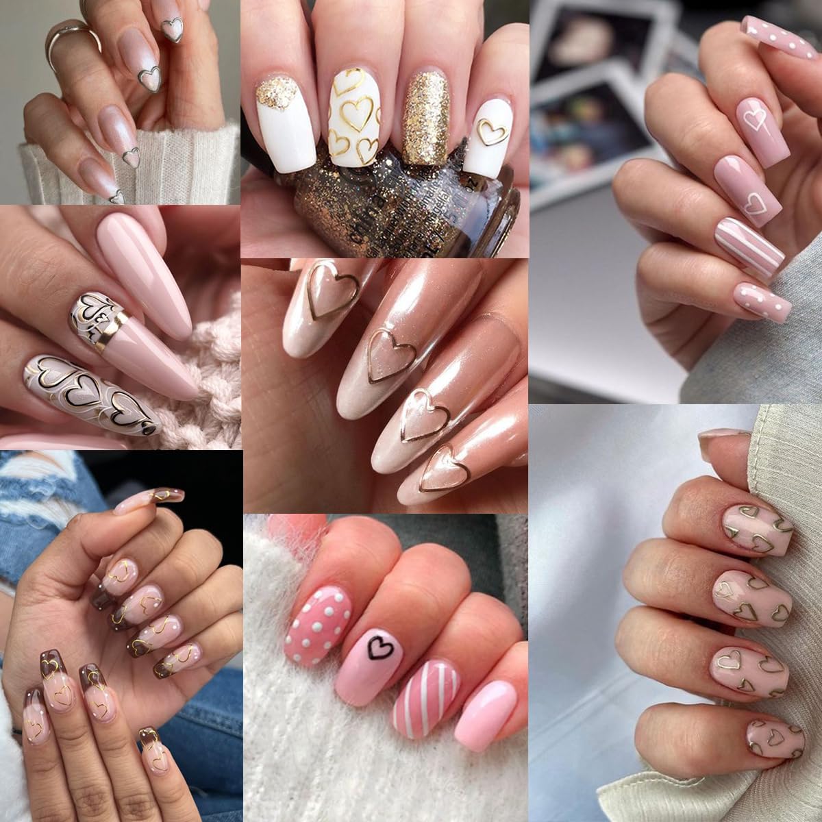 Valentines Day Nail Decals - 8 Sheets 3D Metallic Heart Charms Gold Silver Nail Art Stickers for Women DIY Manicure