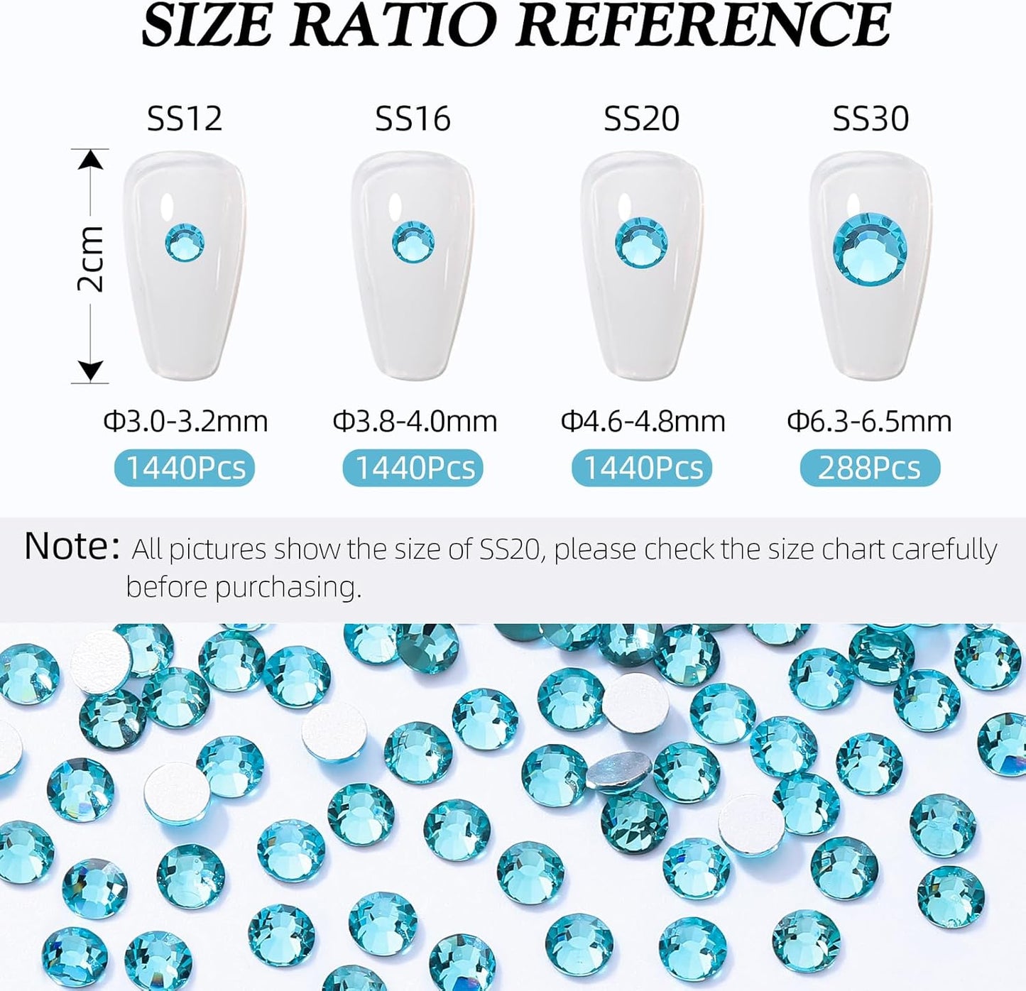 Aquamarine Flatback Rhinestones, Glass Rhinestones for Nail Art and Craft, Glue Fix, Loose Crystal Gemstones(Aquamarine, SS16, 1440pcs, 3.8-4.0mm)