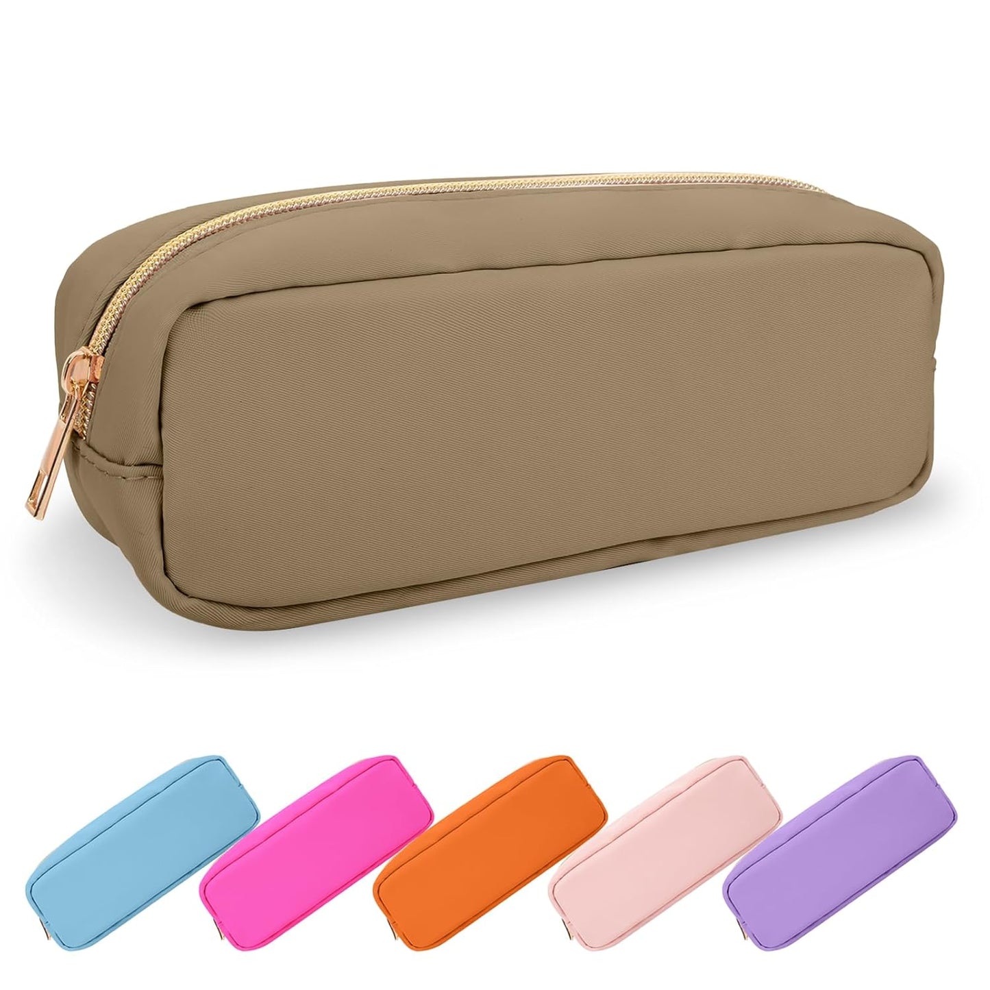 Small Pencil Case Makeup Bag for Purse, Cute Pencil Pouch Preppy Nylon Makeup Brush Pouch with Zipper, Girls Portable Stationery Storage Case for Office School College(Slim-Khaki)