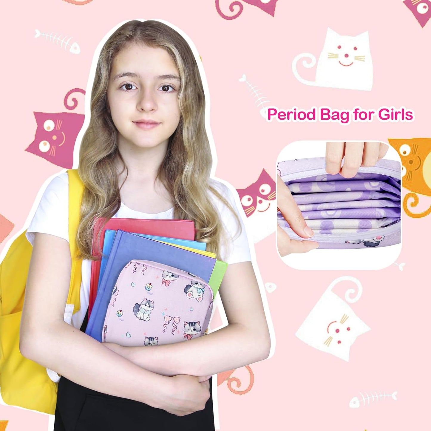 Tampon Holder for Purse, Canvas Period Bag Sanitary Napkin Storage Bag for Girls Womens, Portable Feminine Emergency Pad Period Pouch(Bow-Tie Wink Cat)