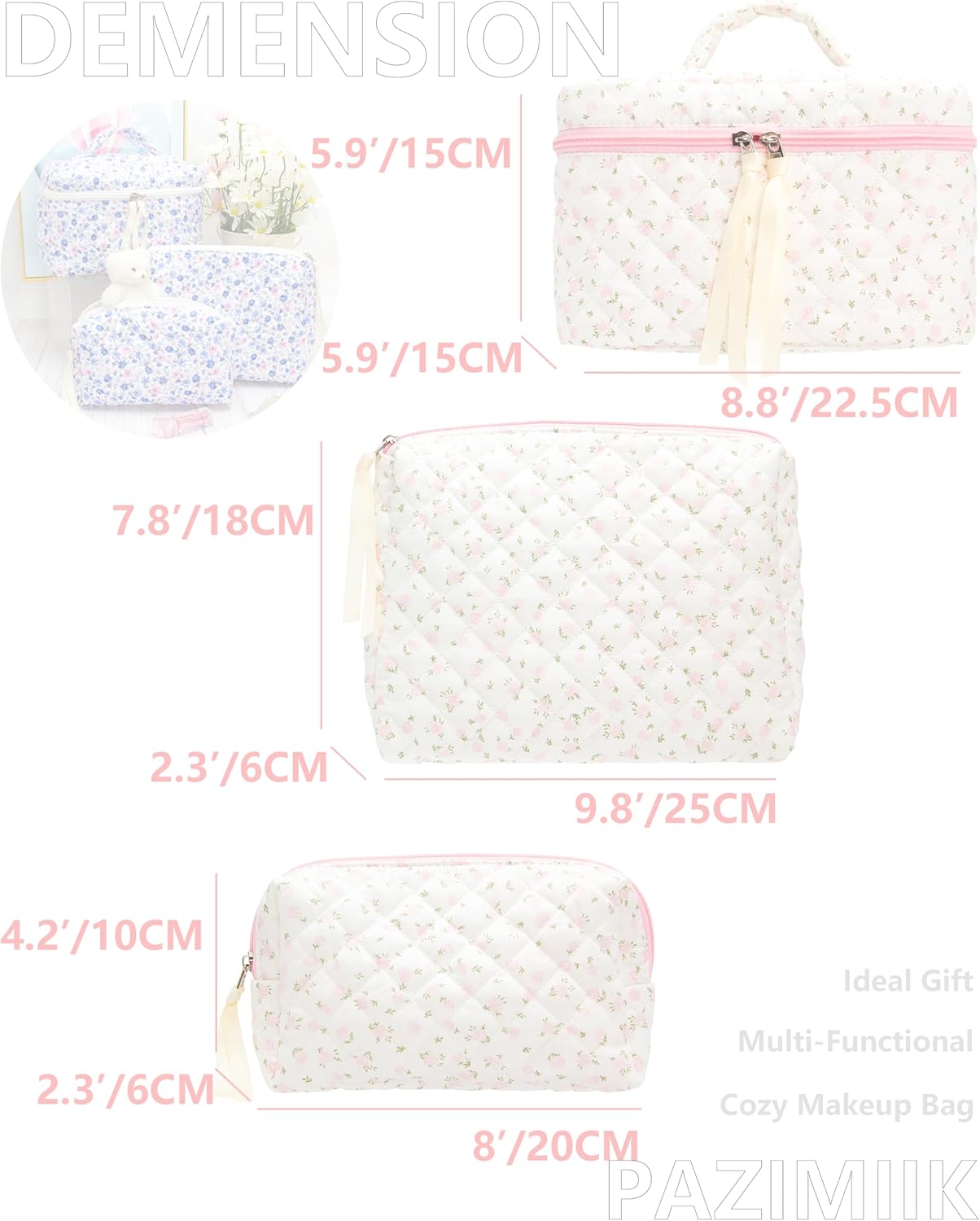 3PCS Makeup Bag SET Large Travel Quilted Zipper Soft Cosmetic Case Pouch for Women Girls Make Up,Little Flower Pink