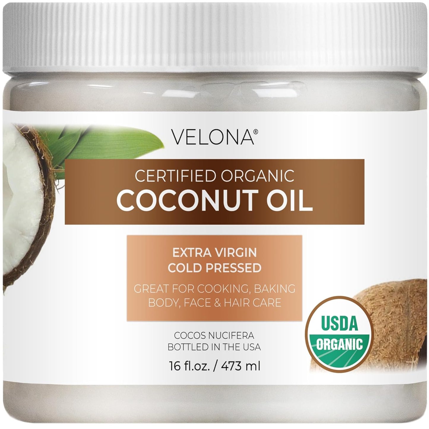 Velona USDA Certified Organic Coconut Oil Extra Virgin - 16 fl oz | Food and Cosmetic Grade | in jar | Extra Virgin, Cold Pressed