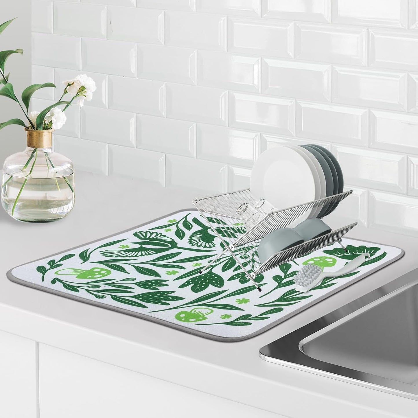 SHIYUE Dish Drying Mat for Kitchen Counter Super Absorbent Spring Kitchen Decor Microfiber Drying Matainers Rack Fast Pad Dish Drainer Mats(Green Flower Bird,18''x24'')