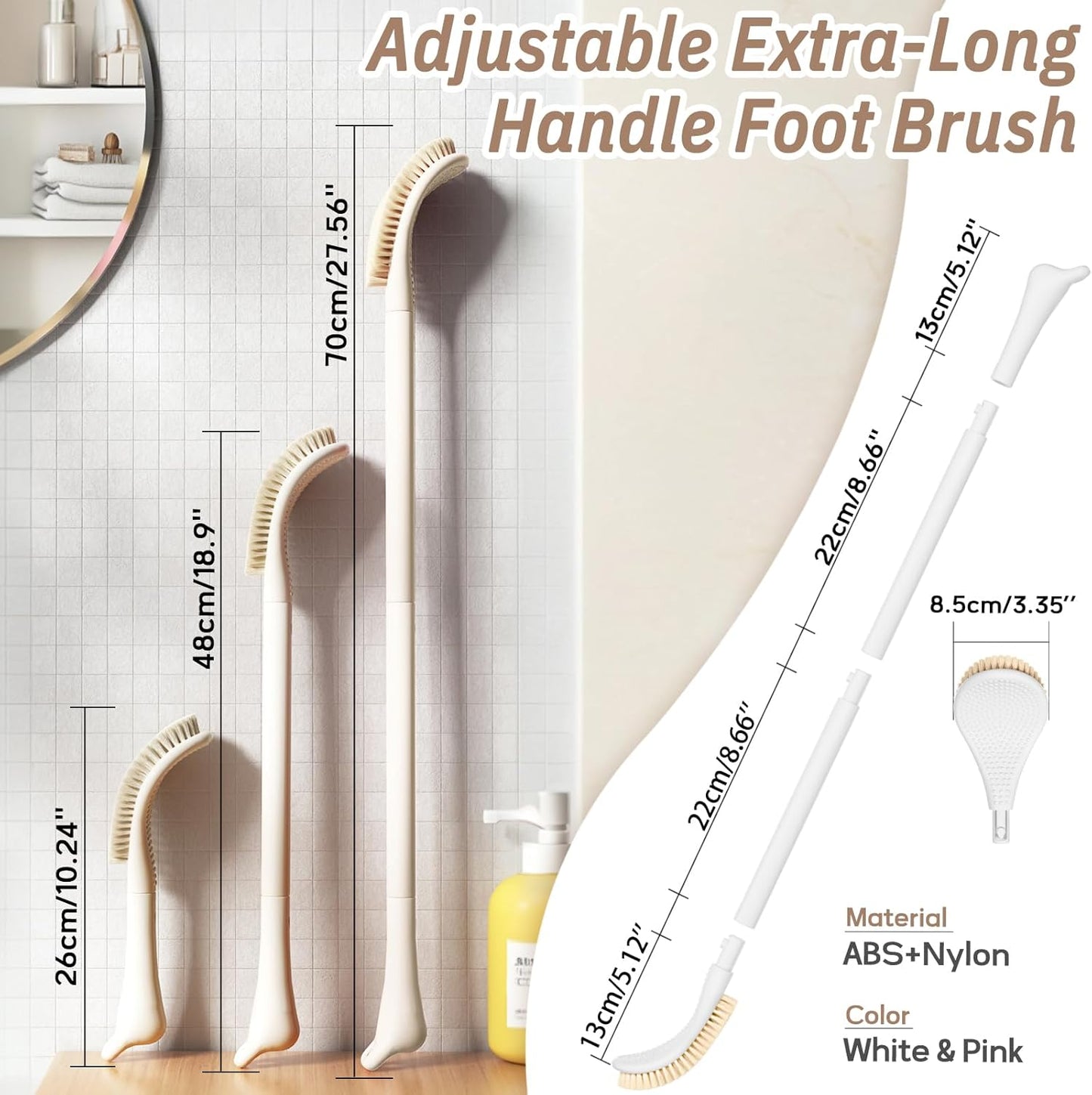 New Foot Brush & Foot File Set(2PCS), 3-IN-1 Foot Scrubber in Shower, 10.2’’-27.5’’Adjustable Long Handle Foot Scrub Brush and Upgrade Foot File Callus Remover, Gift-Box Packed(White+Foot File)