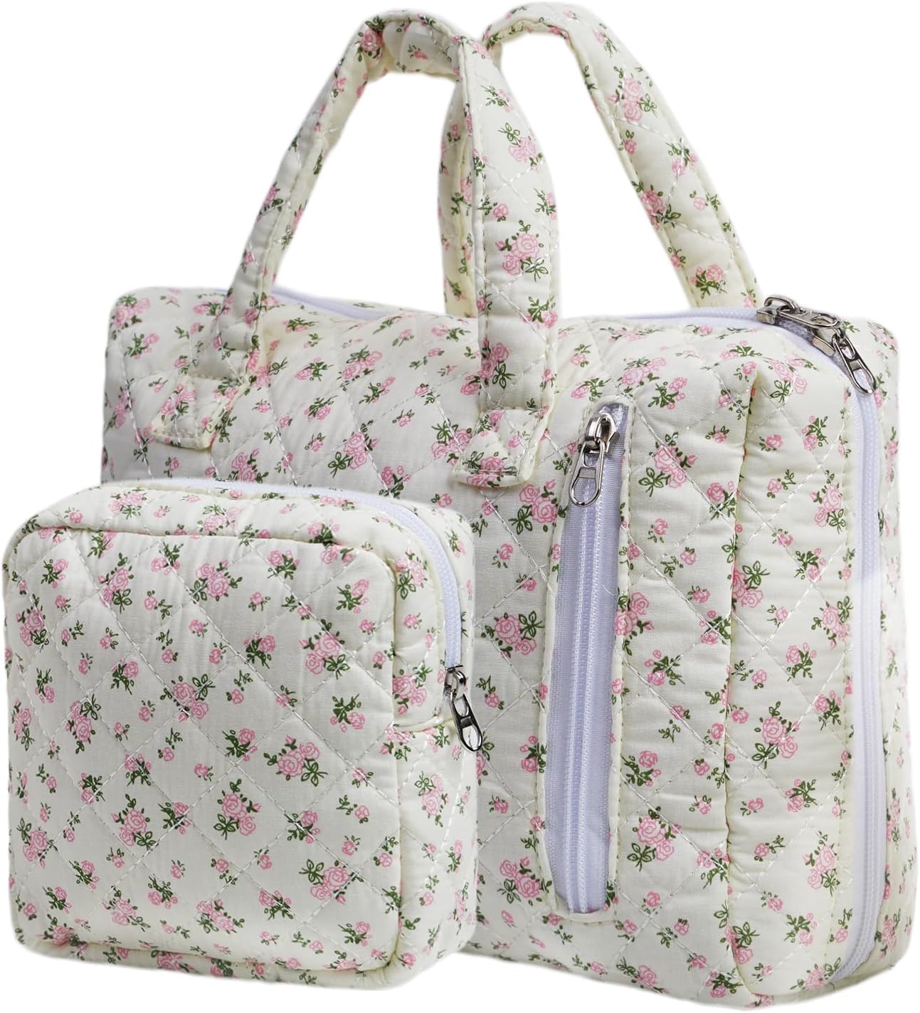 Cute Quilted Floral Makeup Bag(2Pcs)，Coquette Aesthetic Cosmetic Bag，Travel Toiletry Bags， Kawaii Aesthetic pouch for Women (12-Pink)