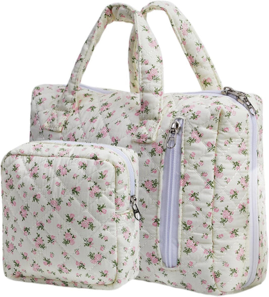 Cute Quilted Floral Makeup Bag(2Pcs)，Coquette Aesthetic Cosmetic Bag，Travel Toiletry Bags， Kawaii Aesthetic pouch for Women (12-Pink)