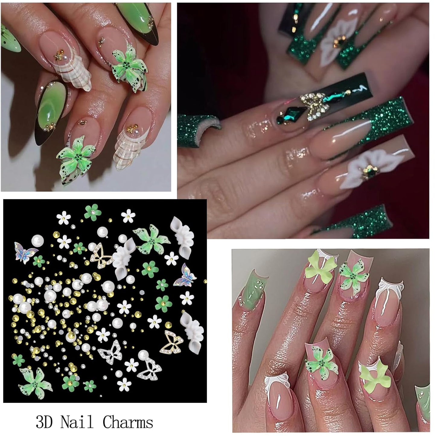 4 Boxes Green Nail Gems Bow Flower Nail Charms for Acrylics - Irregular Crystals, Nails Rhinestone & Accessories for Women Nails Art Design Nails Decor(Green)