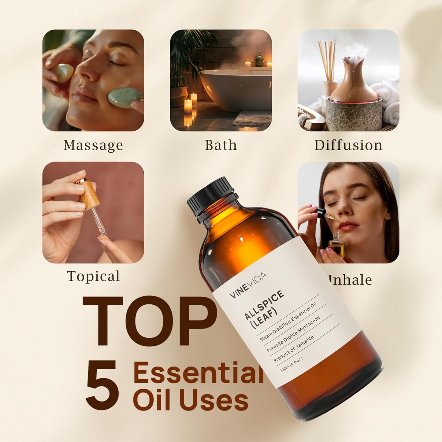 VINEVIDA Allspice (Leaf) Essential Oil 4 oz - Undiluted Allspice (Leaf) Oil 4 oz - Allspice (Leaf) Candle Oil Scent - DIY Candle Scents for Candlemaking - Bulk Essential Oil for Soap Making