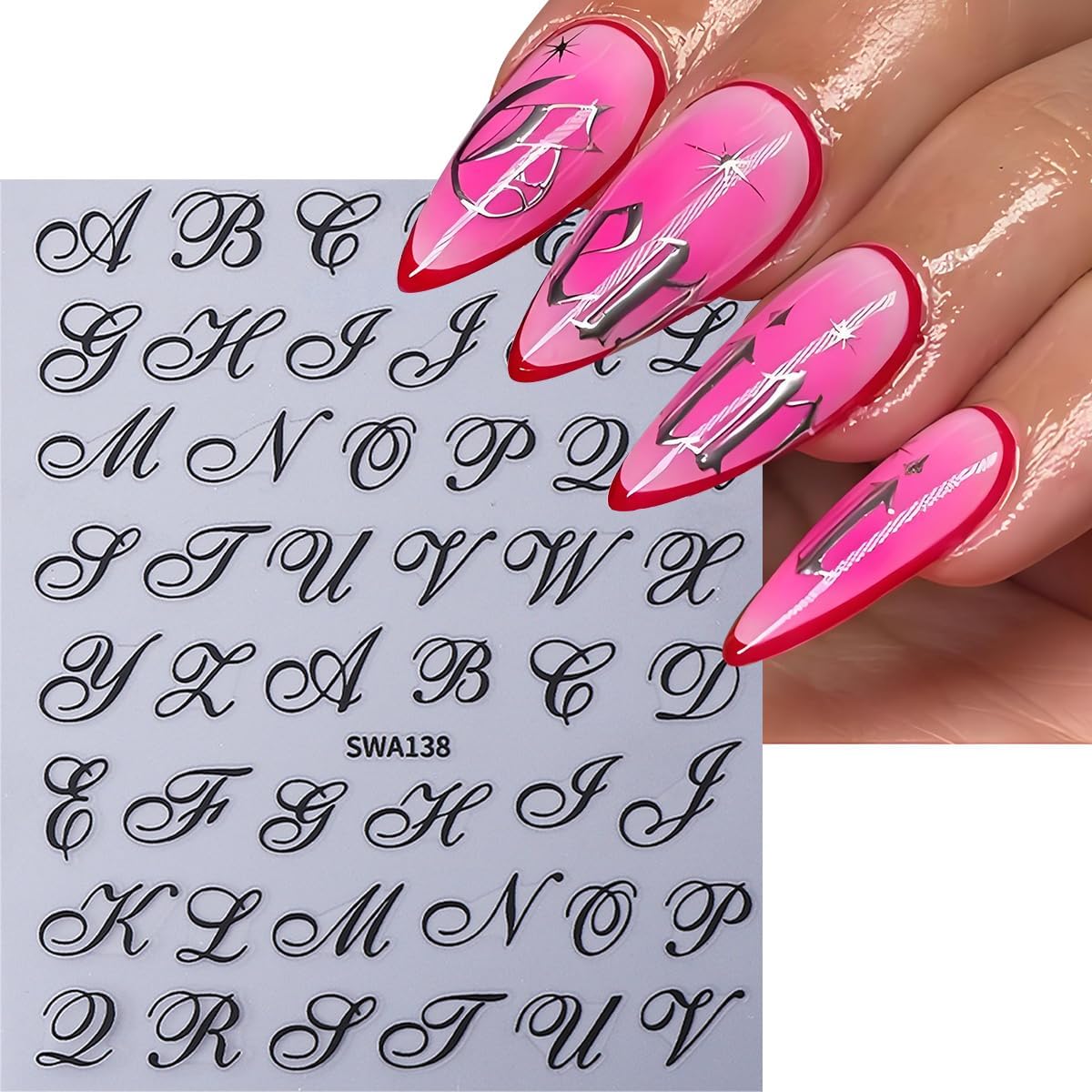 Letter Nail Art Stickers, Old English Letter Nail Art Decals 3D Self-Adhesive Gold Silver Black White Retro English Pattern Nail Design 6Pcs Nail Art Supplies for Women Nail Decoration