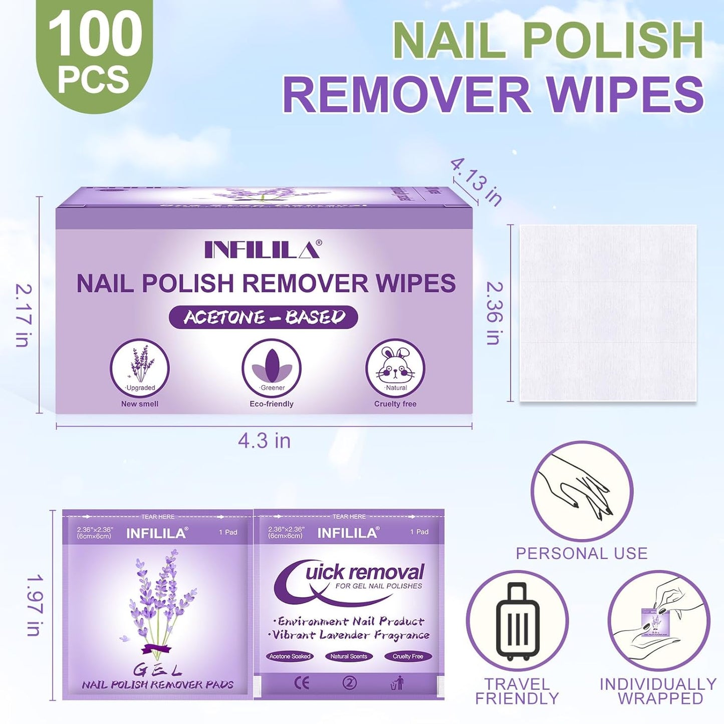 NXJ INFILILA Nail Polish Remover Pads, Nail Polish Remover Wipes, 100pcs Individually Wrapped Bulk Set Fingernail Travel Polish Remover for Nail Supplies(Lavender Fragrance)