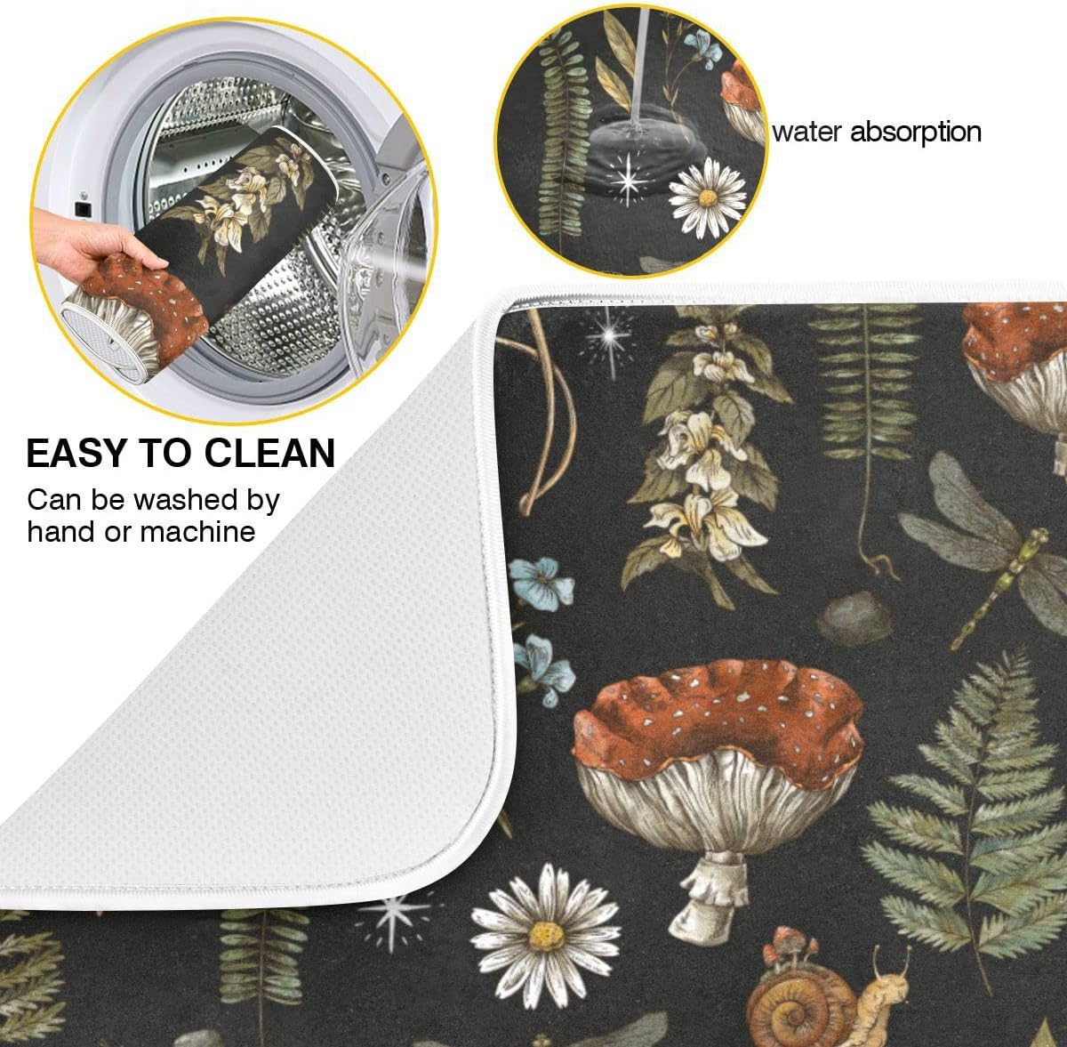 Mushroom Fern Leaves Berry Dish Drying Mat for Kitchen Counter Vintage Botanical Nature Drying Mats Super Absorbent Reversible Microfiber Kitchen Countertop Protector Dishes Pad Medium 16x18 inch