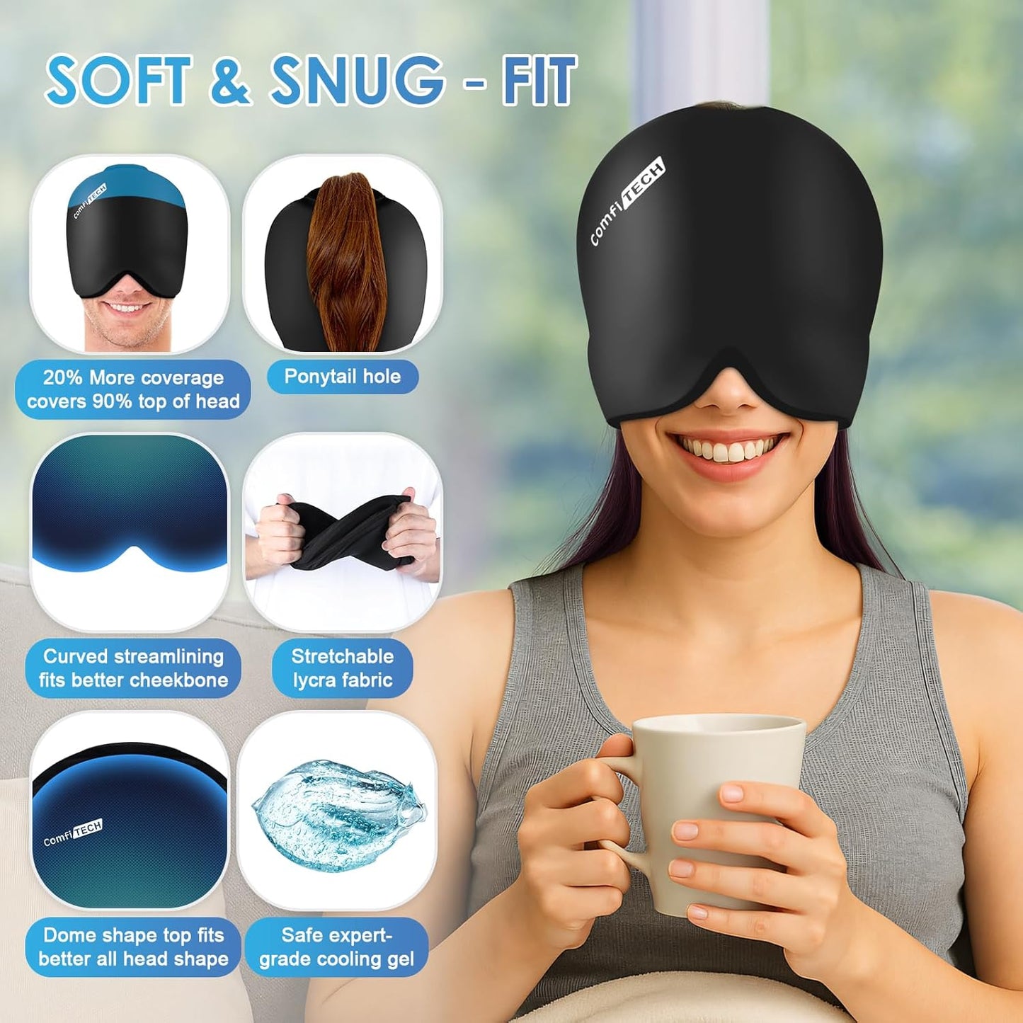 ComfiTECH Head Ice Pack 2 Pack Cooling Gel Cap Reusable Cold Wrap for Head and Eye Comfort and Relaxation, Large