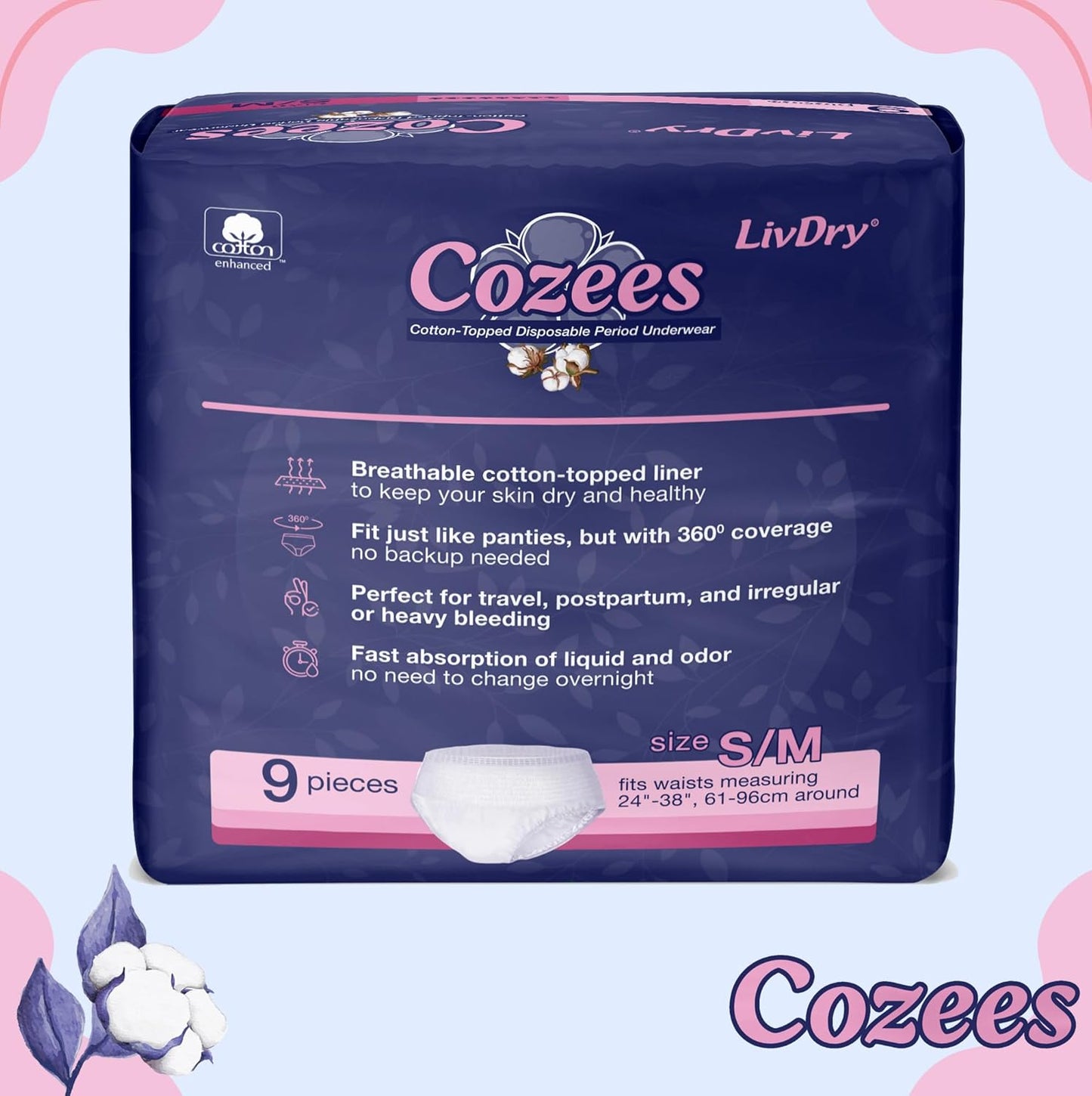 Cozees Disposable Period Underwear for Women, Menstrual and Postpartum High Absorbency, Cotton Covered Comfort, Made in USA (9 Count, Small/Medium)