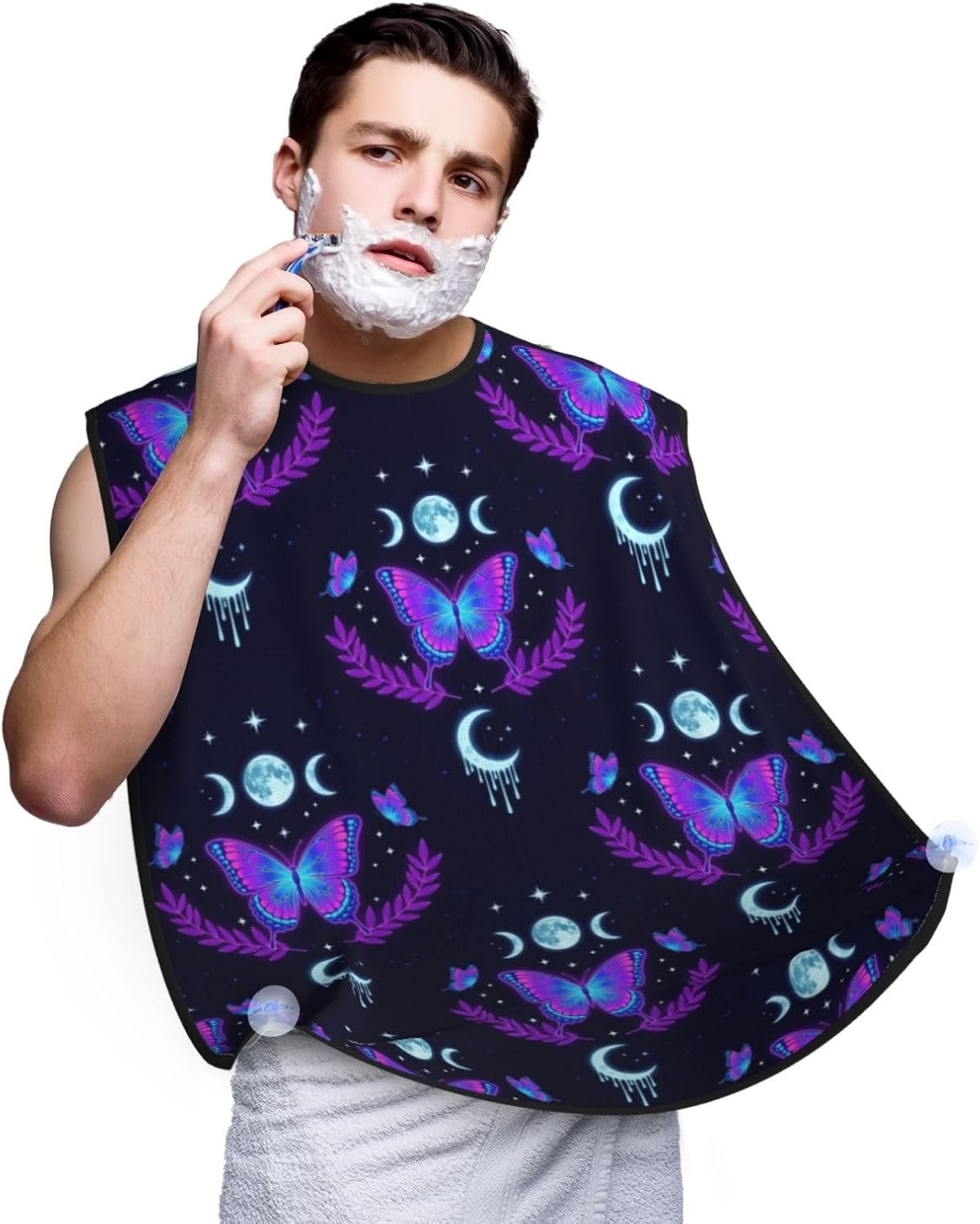 Adjustable Beard Catcher Apron, Magic Moon Moth Mystical Goth Astrology Art Shave Bib, Non-Stick Waterproof Grooming Bib, Shaving Essential for Men Dad Christmas