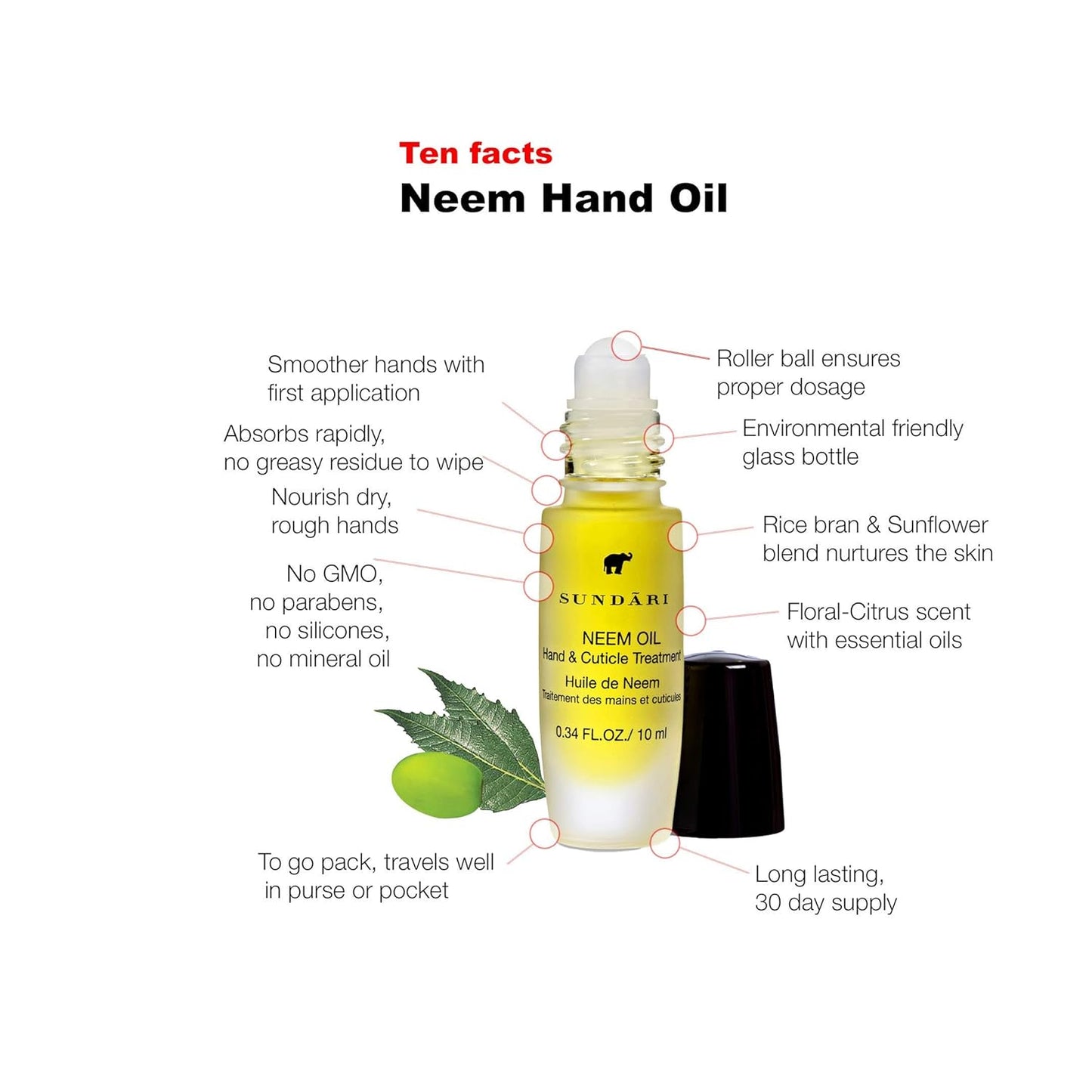 SUNDARI Neem Hand & Cuticle Treatment Oil – 0.34 Fl Oz, Roller for Dry Hands, Nails and Cuticles, Hydrating, Non-Greasy, Pure Plant & Herbal Extracts, Mess-Free Application, Deep Nourishment